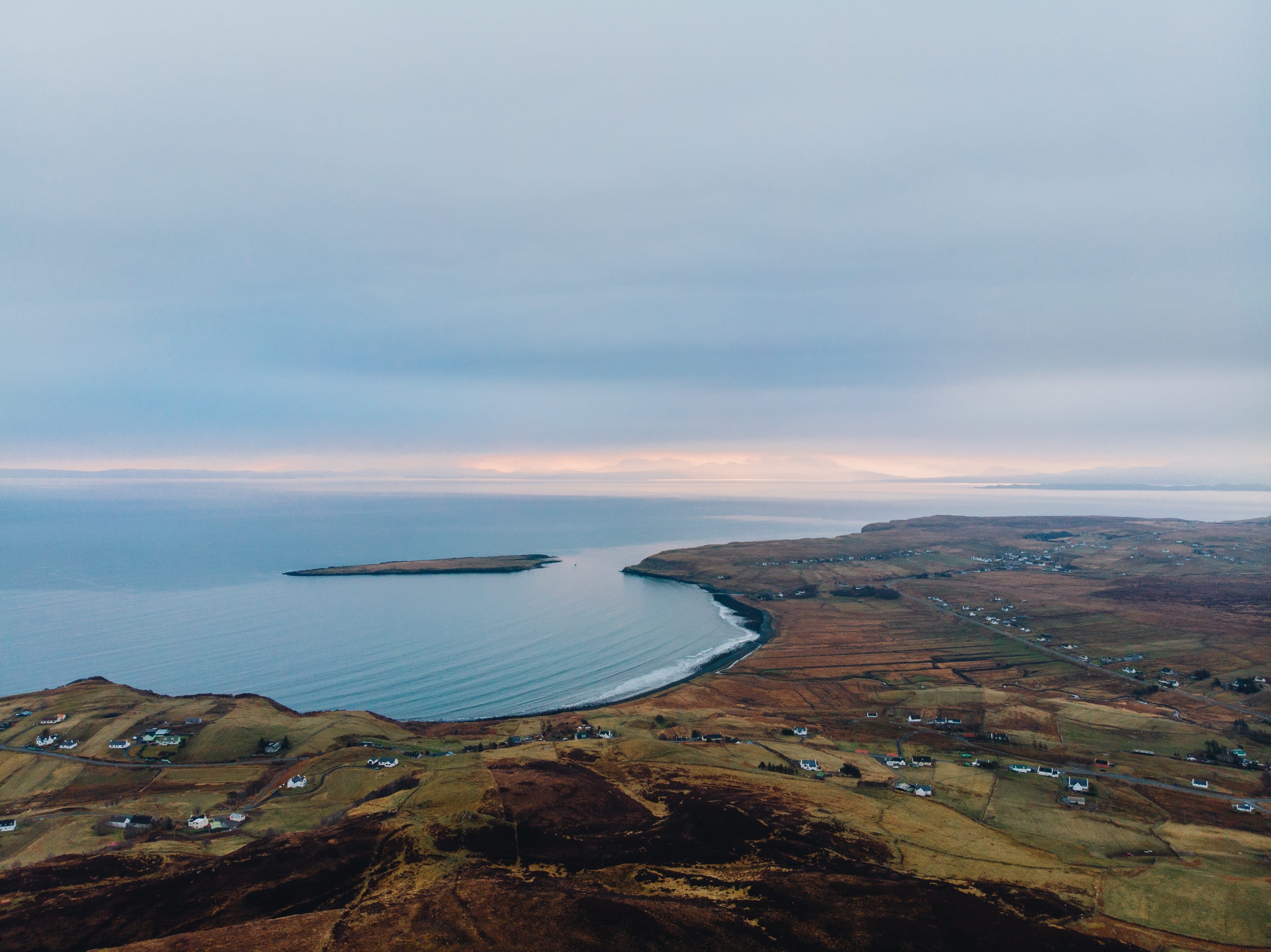mountains, transportation, landscape, scenics - nature, horizon, united kingdom, 2K, highlands, nature, quiraing, no people, sea, tranquility, drone, non-urban scene, HD Wallpaper