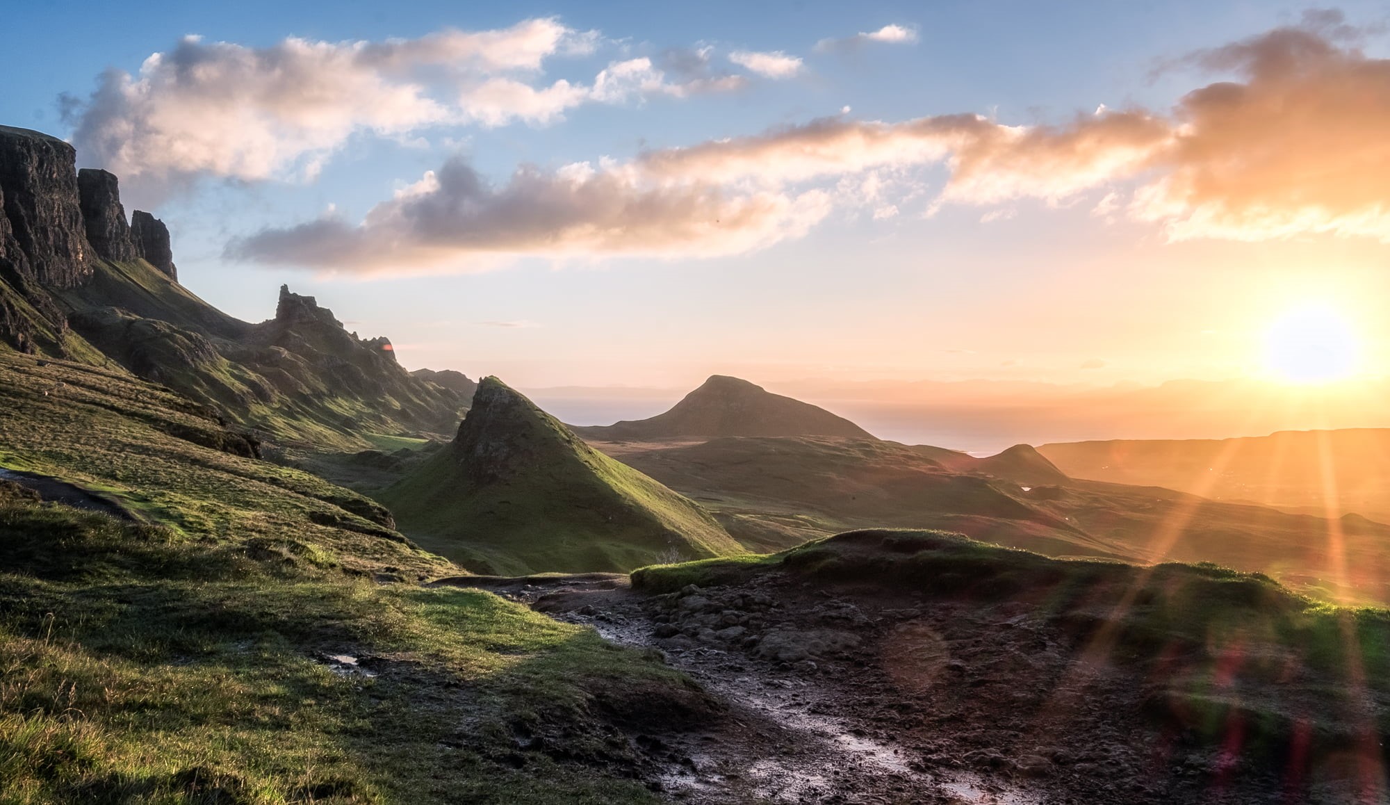 scenics, sunset, summer, golden hour, Skye, coastal  mountains, mountains, golden, Quiraing, Scotland, outdoors, mountain, beauty In Nature, sunrise - Dawn, HD Wallpaper