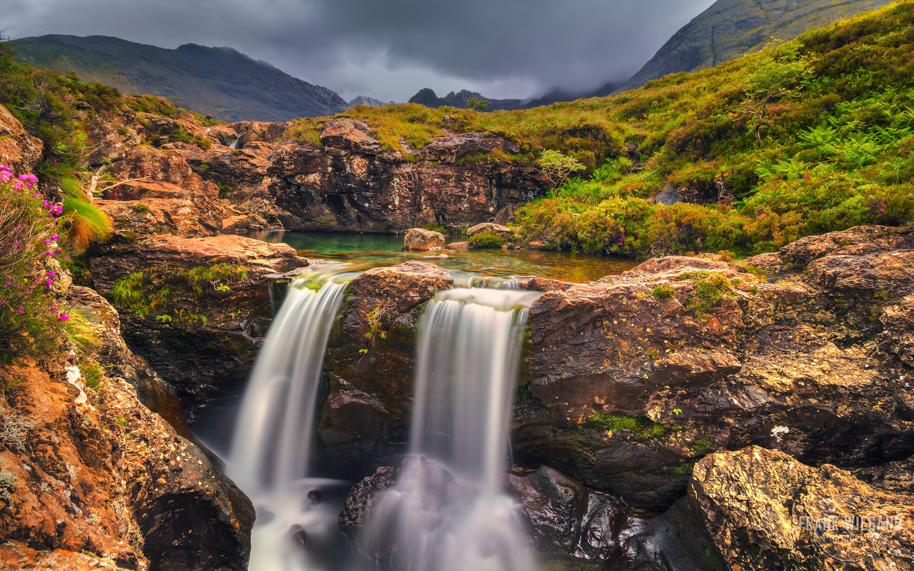 motion, no people, flowing, sky, skye, 2K, solid, rock, water, power in nature, non-urban scene, mountain, cloud - sky, rock - object, river, fairy, flowing water, HD Wallpaper