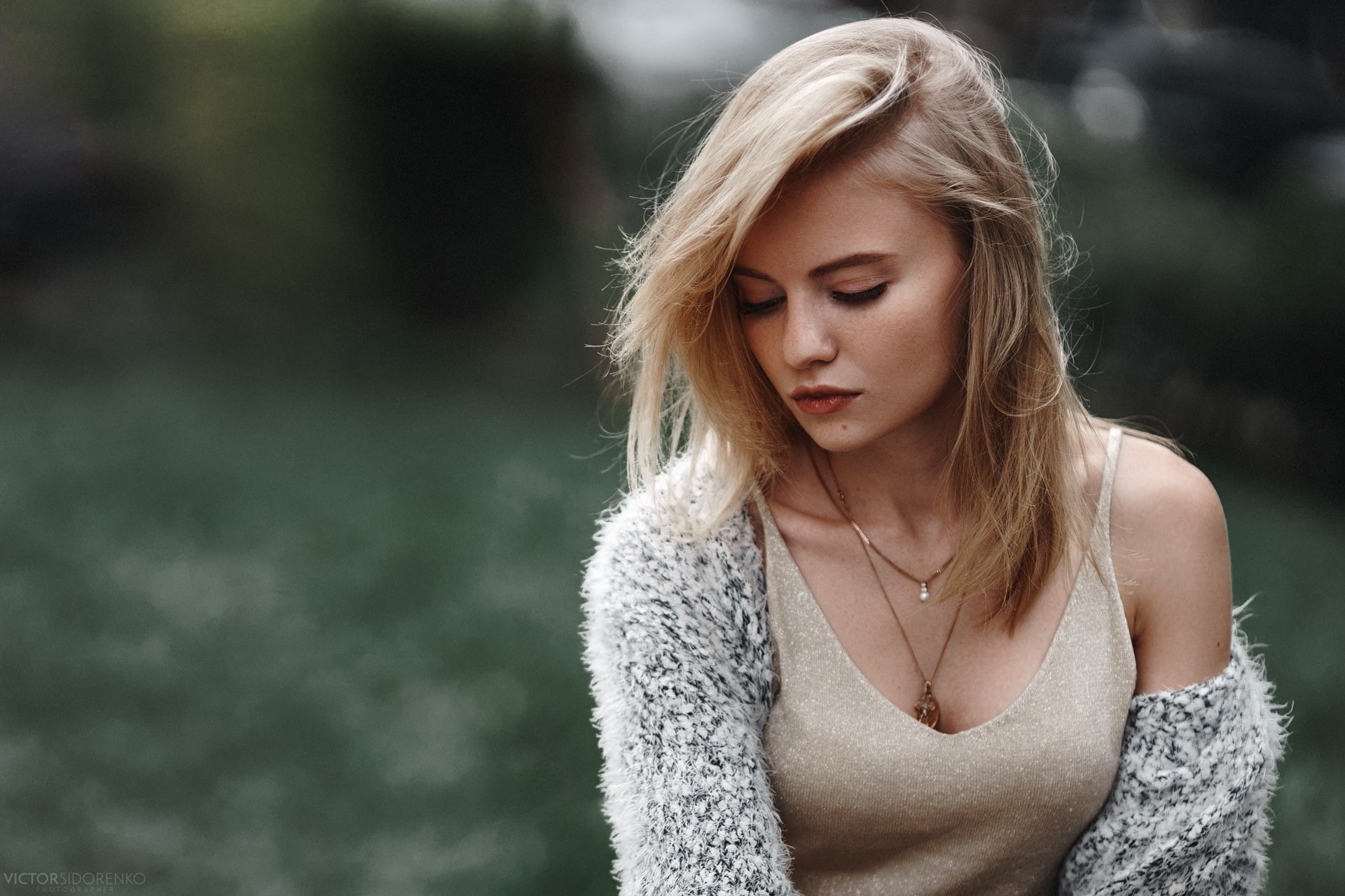 photography, hair, tank top, looking down, blond hair, portrait, beauty, women outdoors, blonde, 1080P, front view, hairstyle, headshot, focus on foreground, HD Wallpaper