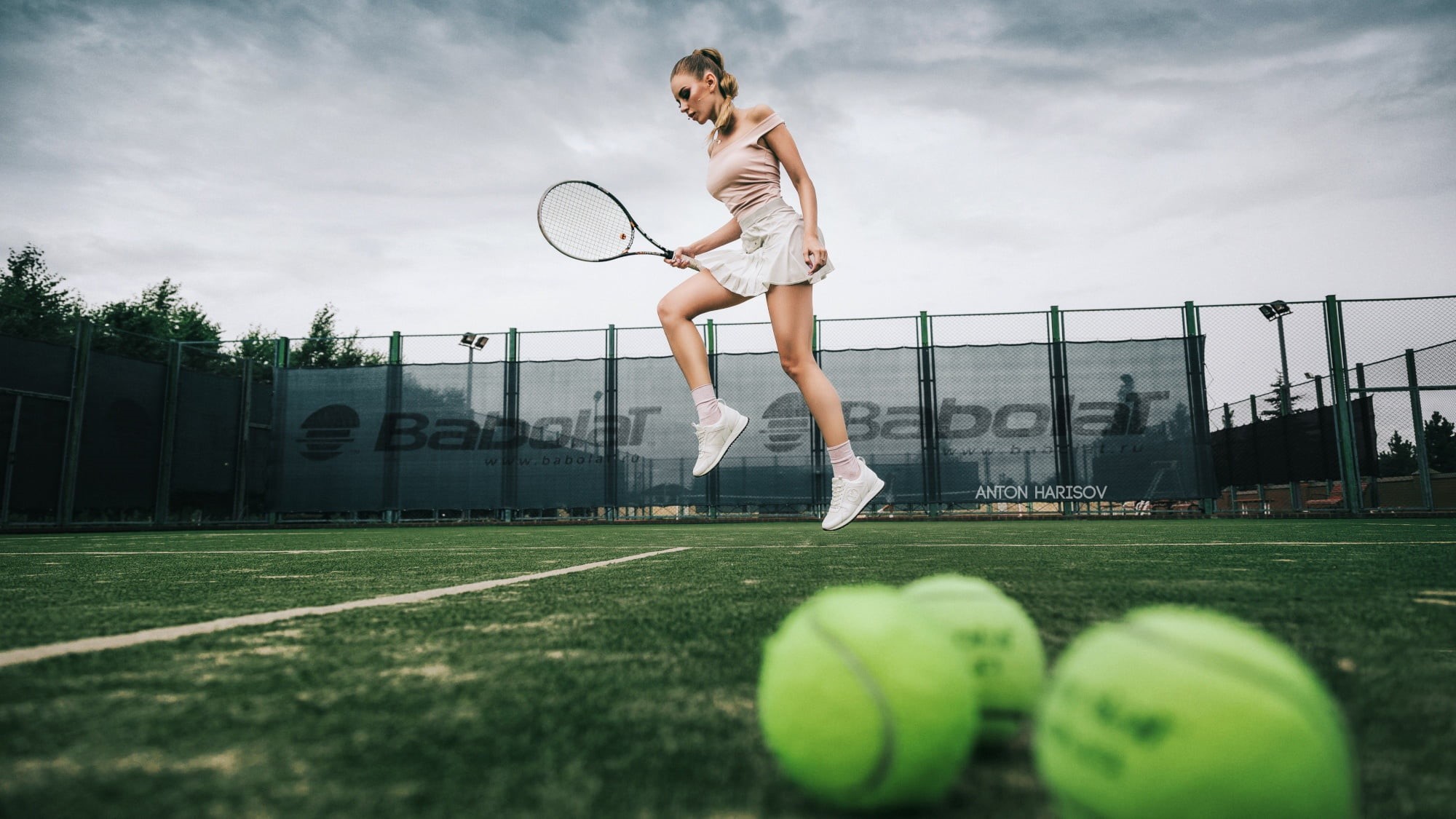 balls, racket, Katrin Sarkozy, skirt, jump, Anton Kharisov, 1080P, tennis, HD Wallpaper