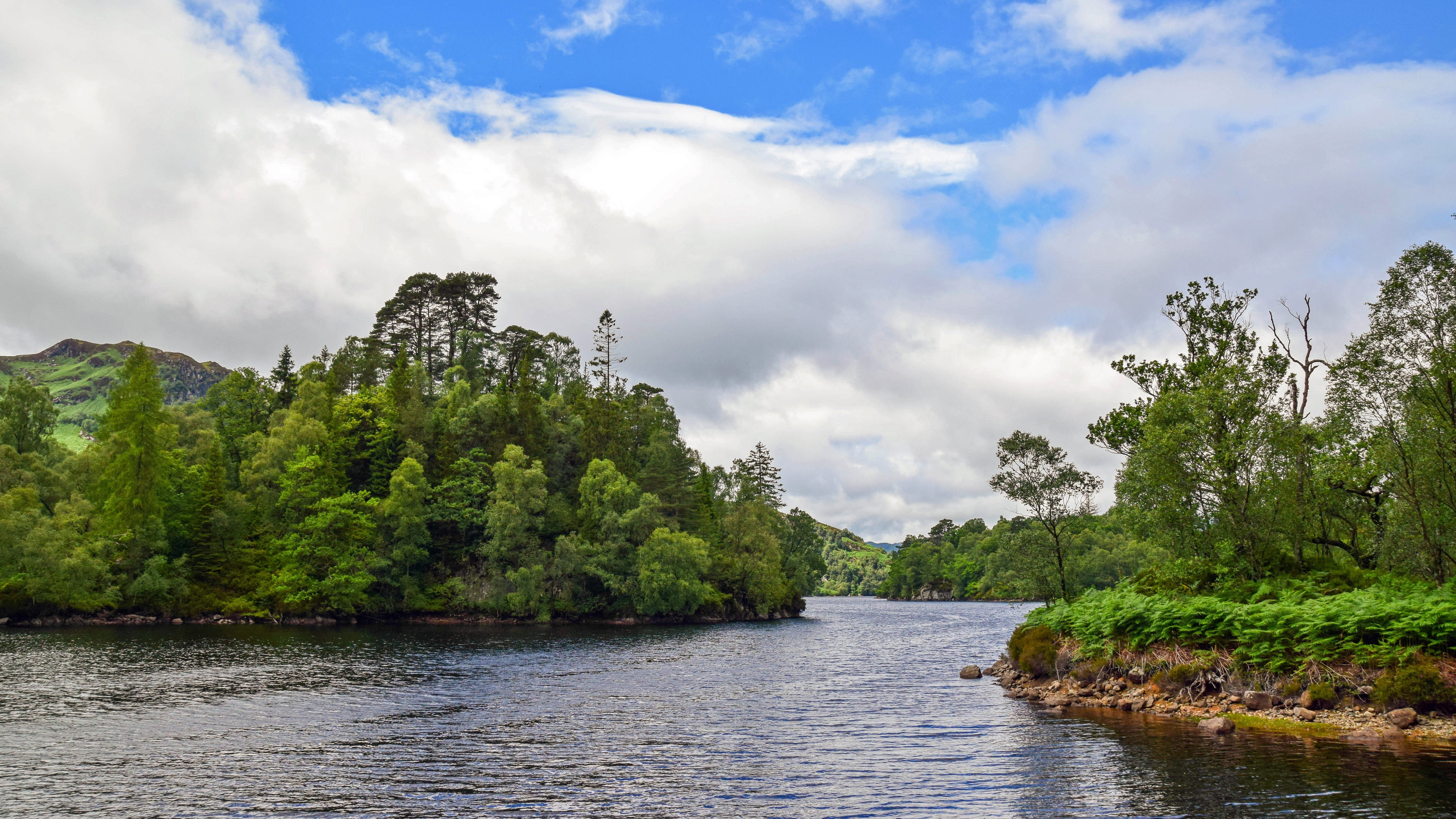 travel, vacations, rainforest, sky, 5K, plant, no people, cloud - sky, tree, water, hole katrine, outdoors, highlands and islands, environment, tourism, HD Wallpaper