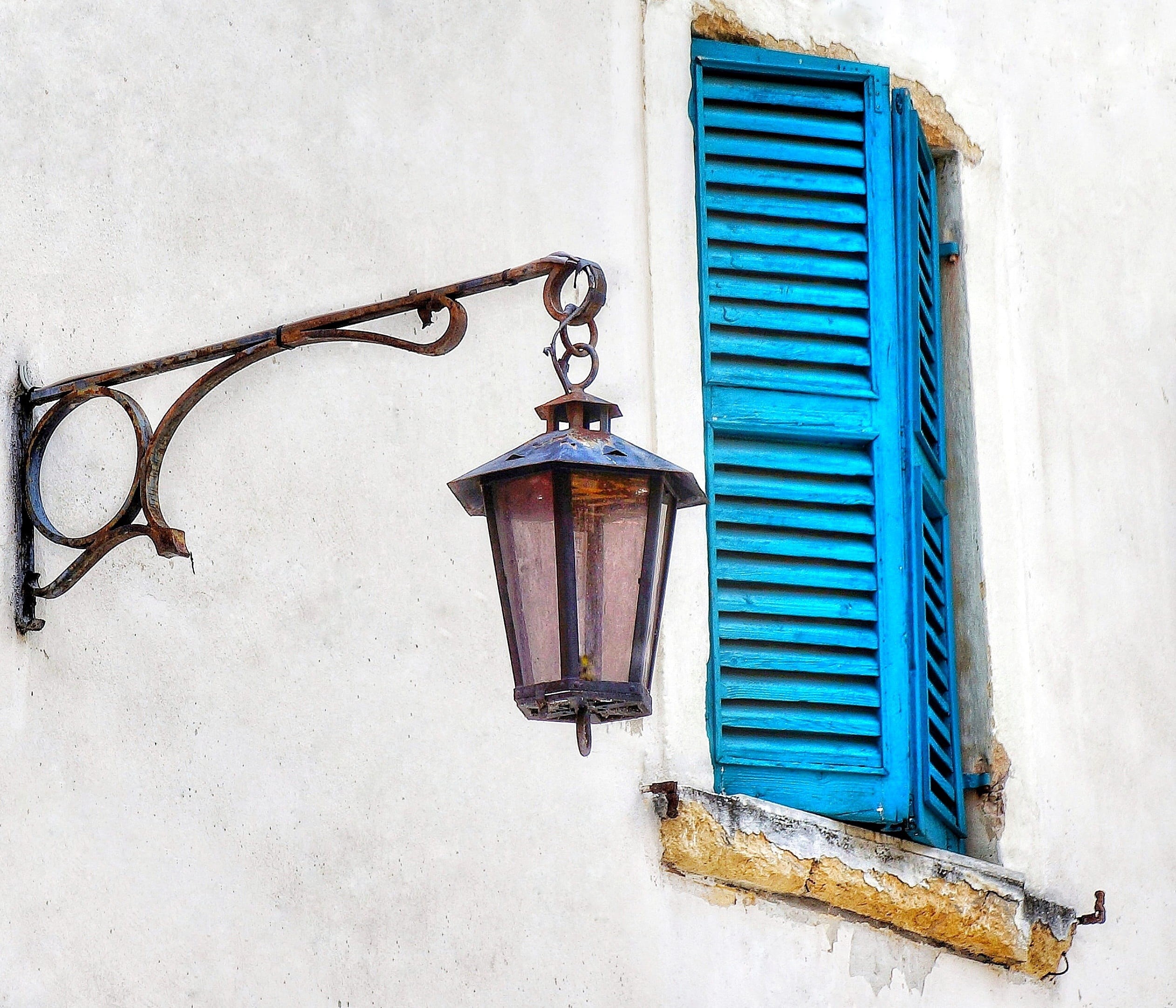 glass, blue, safety, building, exterior, architecture, traditional, wall - building feature, old, white, 1080P, shuttered, lantern, spanish, closed, mounted, HD Wallpaper