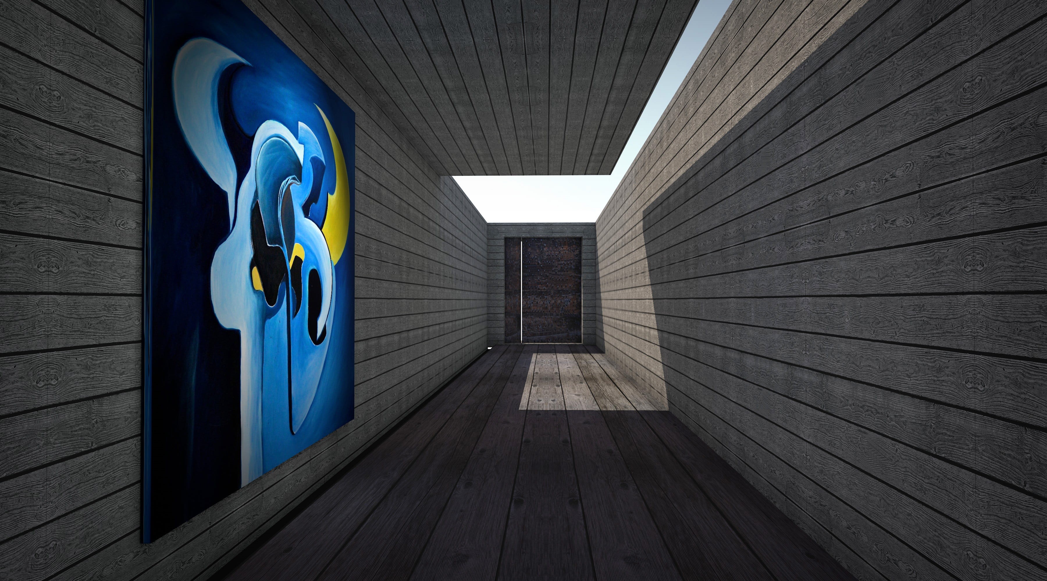 close up, wood, painting, wall - building feature, built structure, black, flooring, gallery, blue, illuminated, wooden boards, 2K, texture, wall, absence, HD Wallpaper