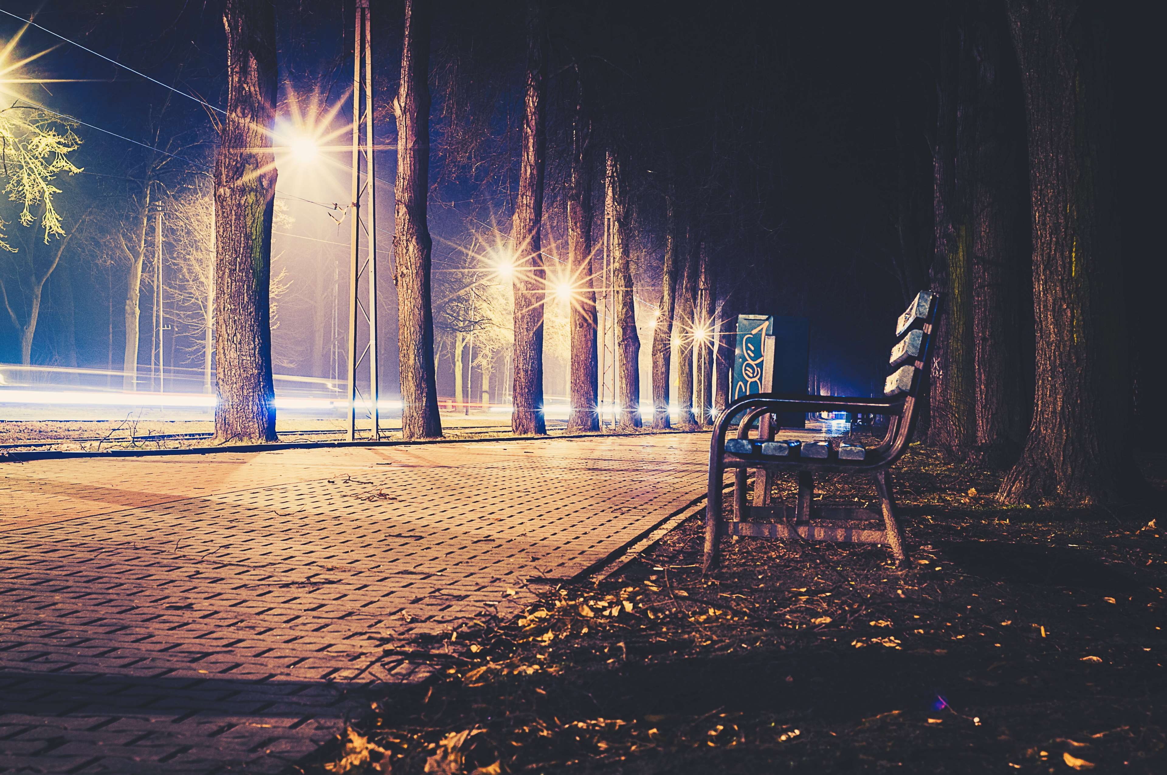 park bench, park, bench, street light, contours, light, direction, transportation, no people, night, pavement, street, nature, building exterior, 4K, illuminated, HD Wallpaper