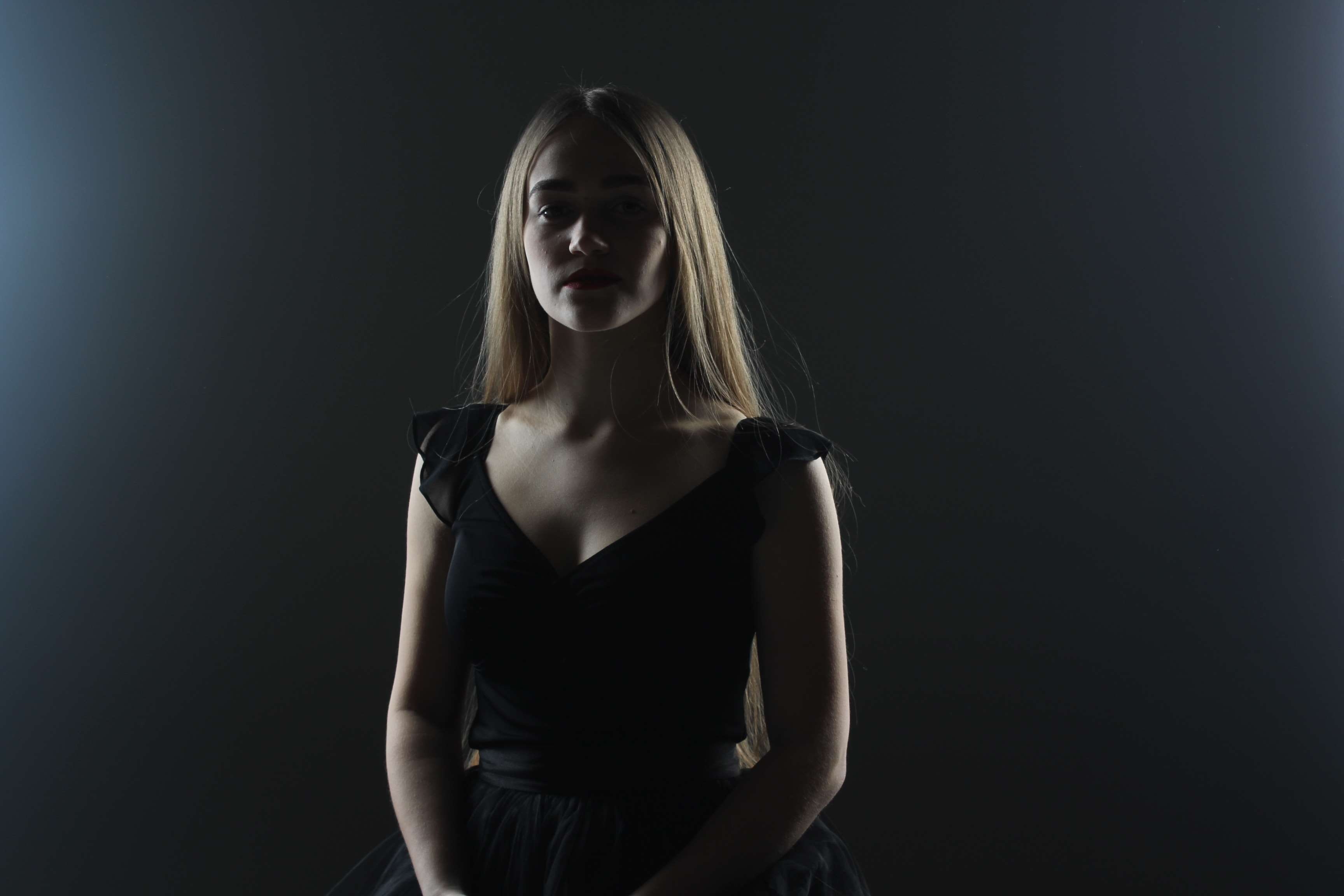 black background, beauty, one person, studio shot, standing, young adult, indoors, front view, studio, blond hair, dark, beautiful woman, portrait, hairstyle, HD Wallpaper