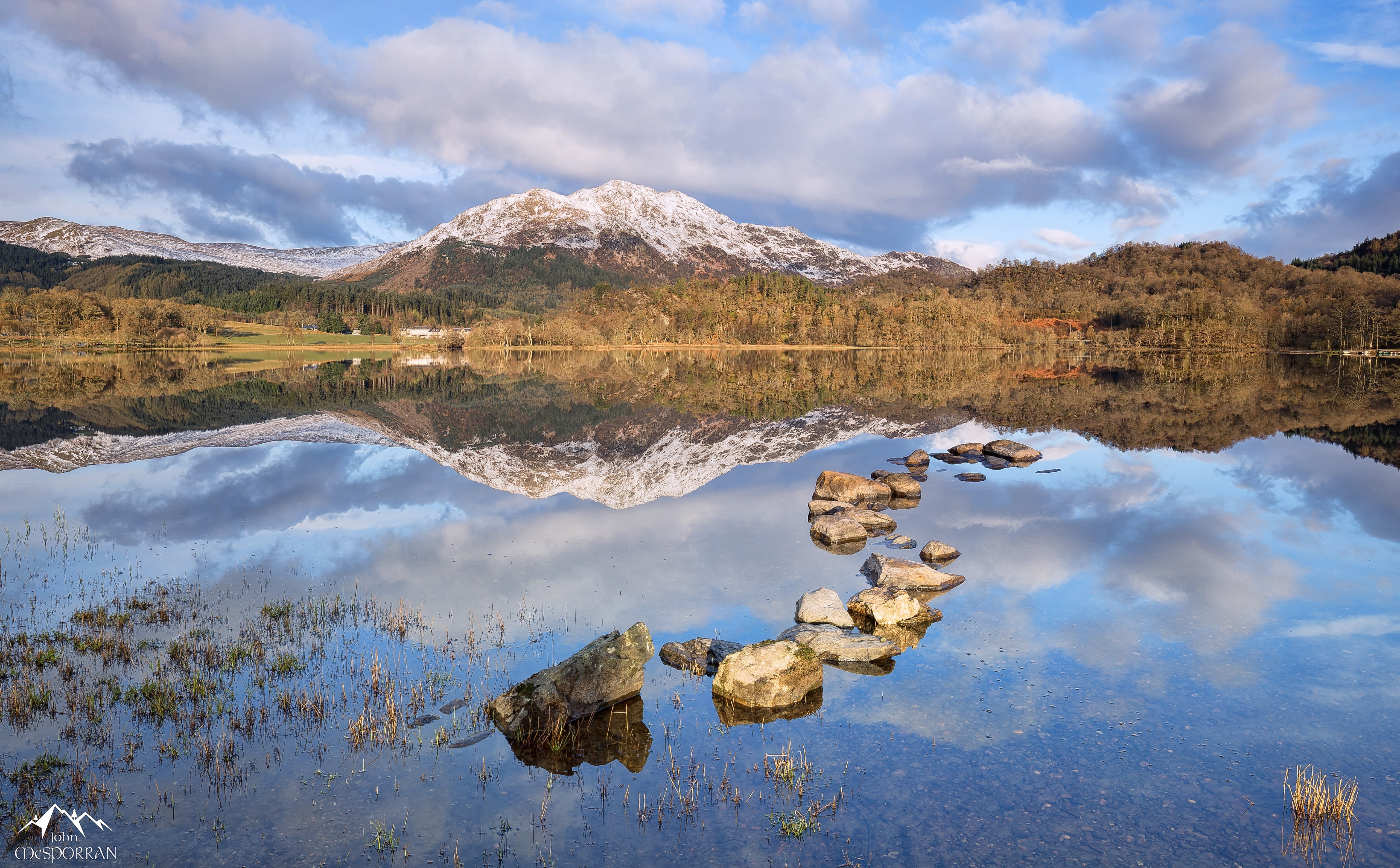 cloud - sky, Trees, symmetry, mountain, idyllic, waterfront, day, sky, Water, Beautiful, achray, United Kingdom, Woodland, beauty in nature, Landscape, HD Wallpaper