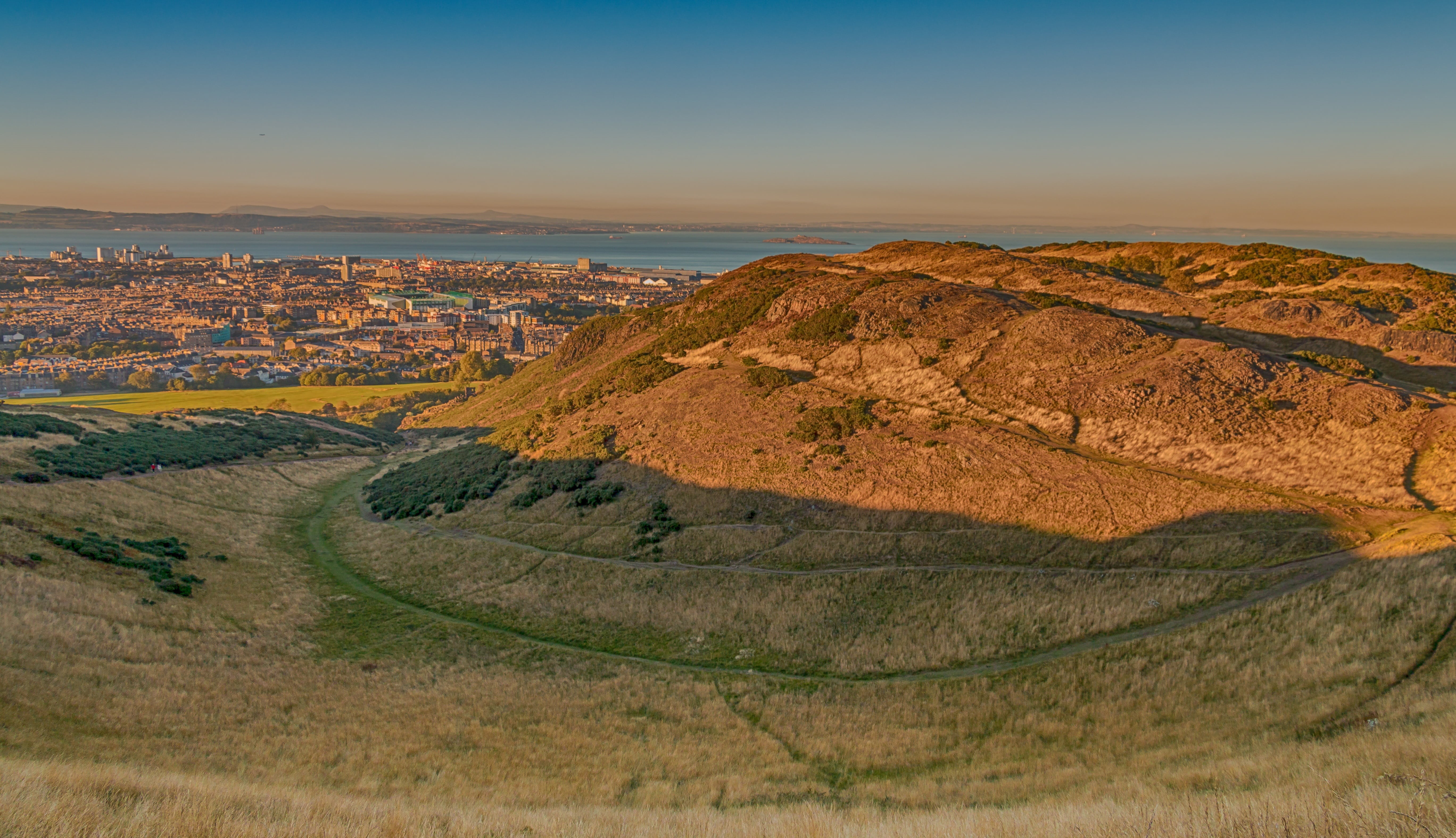 architecture, edinburgh, sunset, arthurs seat, sky, view of edinburgh, land, tranquility, hdr, tranquil scene, no people, north sea, firth of forth, cityscape, HD Wallpaper