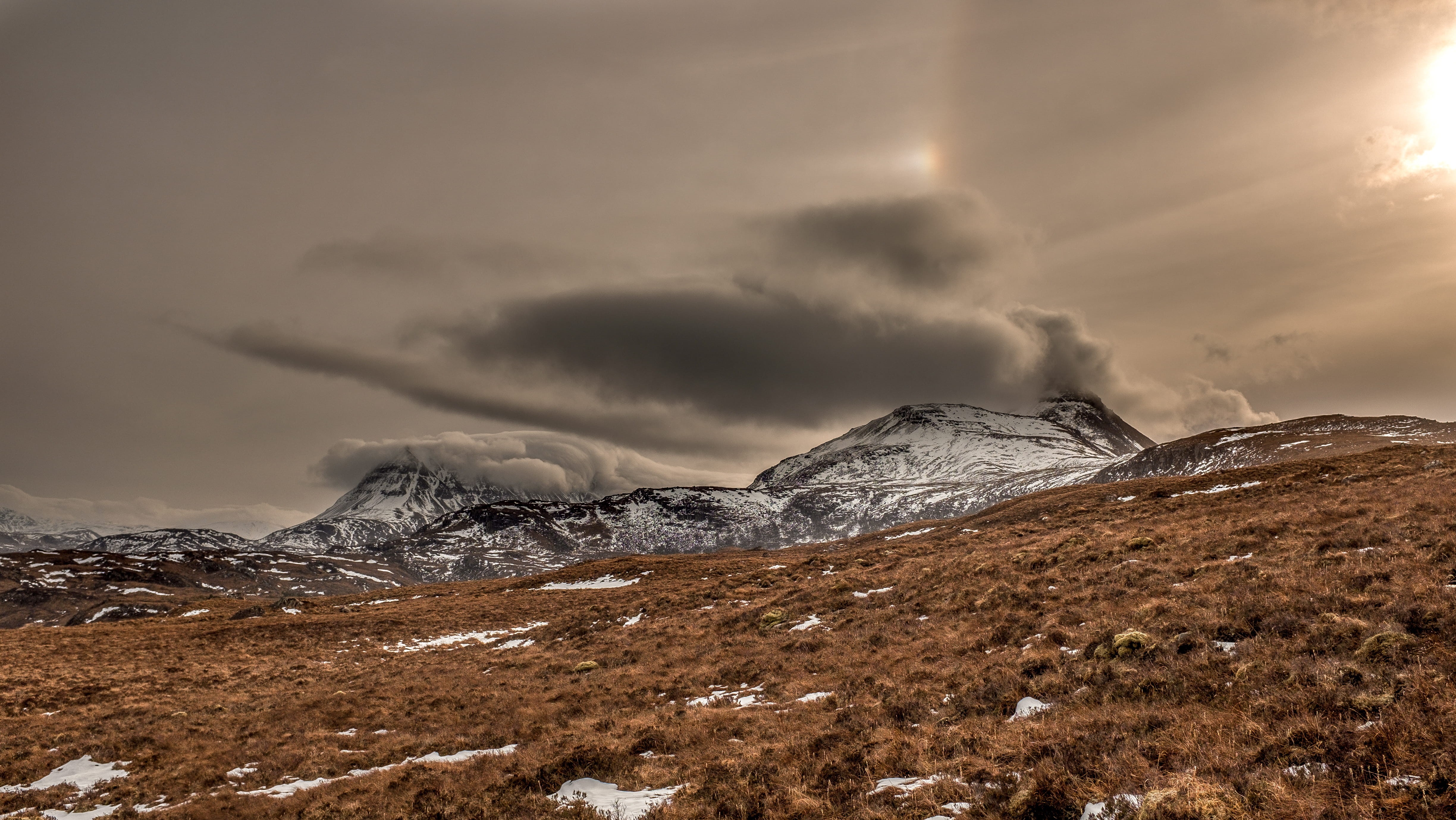 power in nature, stac pollaidh, scotland, day, cold temperature, ullapool, mountain, environment, beauty in nature, united kingdom, mist, dramatic sky, HD Wallpaper
