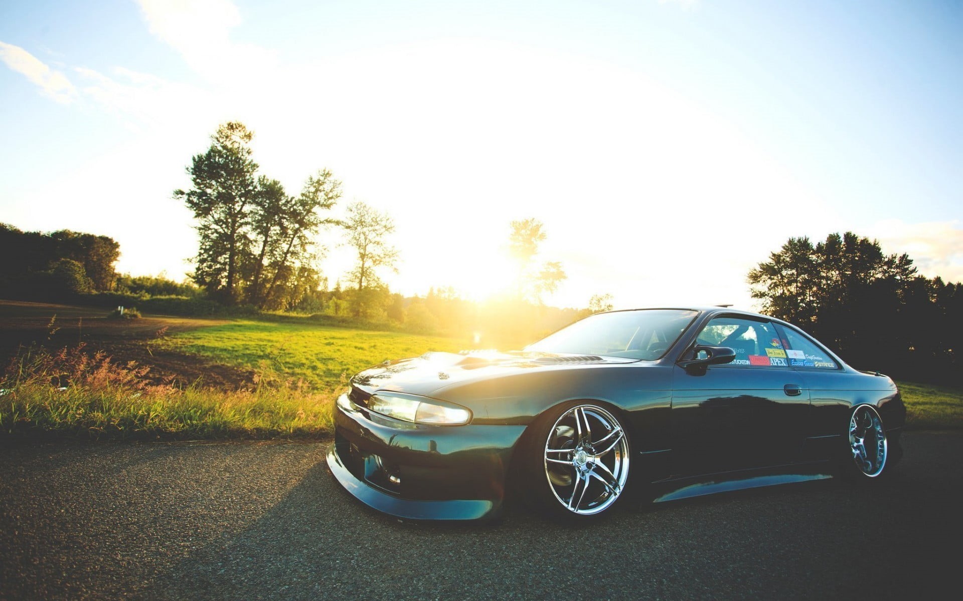 grass, tree, day, Nissan, field, travel, luxury, 1080P, transportation, vehicle, land vehicle, road trip, sunlight, sky, parked, near, Stance, land, sunset, HD Wallpaper