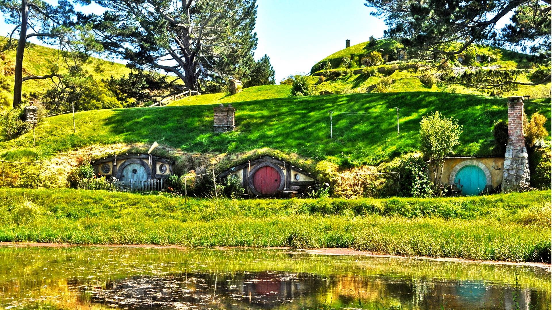 tranquility, 1080P, hobbiton, sky, growth, reflection, tree, day, built structure, tranquil scene, plant, grass, scenics - nature, nature, building, no people, HD Wallpaper