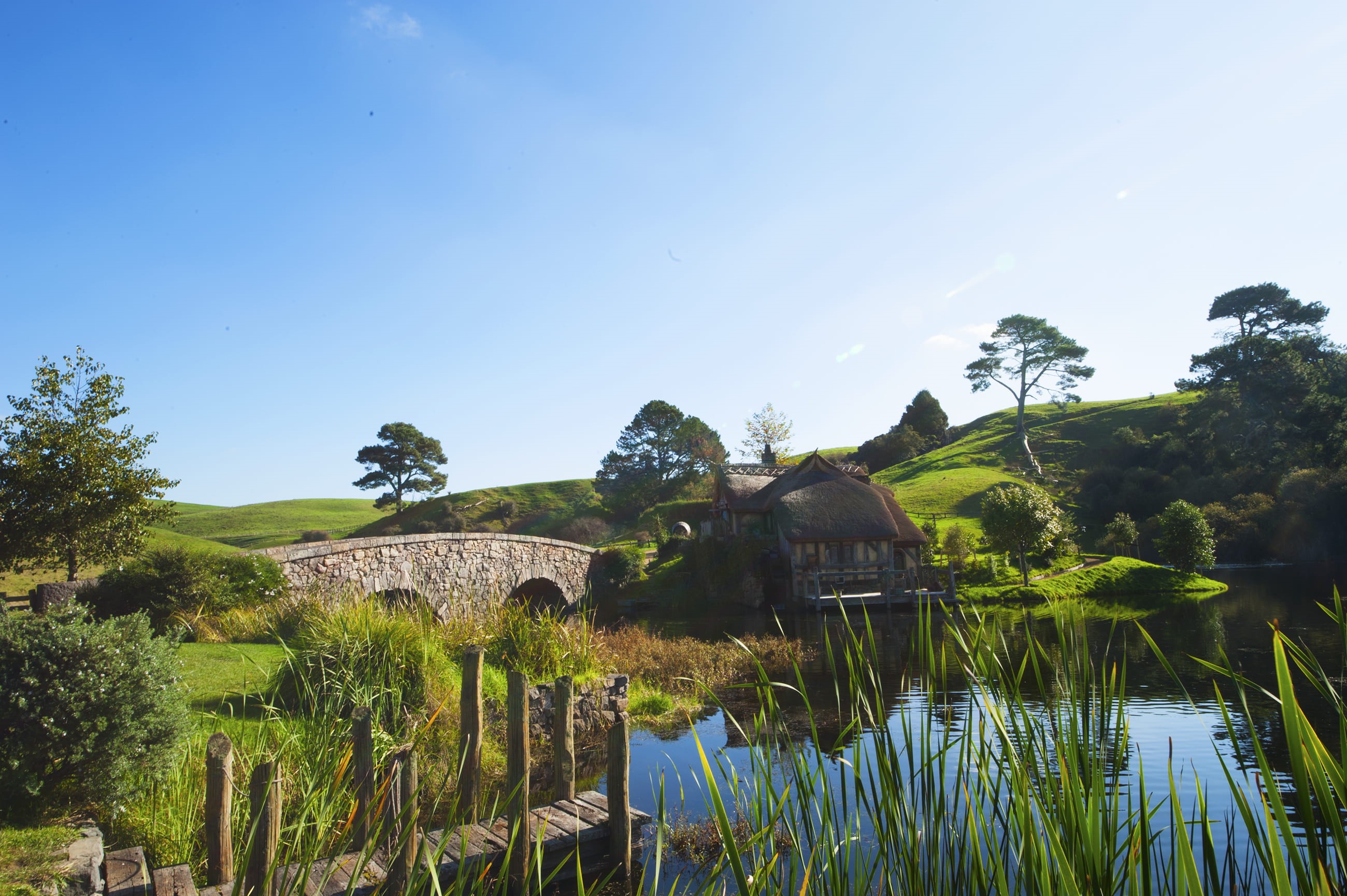 beauty in nature, outdoors, tranquility, concrete, water, new zealand, day, tree, lord of the ring, reflection, wooden house, hobbiton, clear sky, architecture, HD Wallpaper