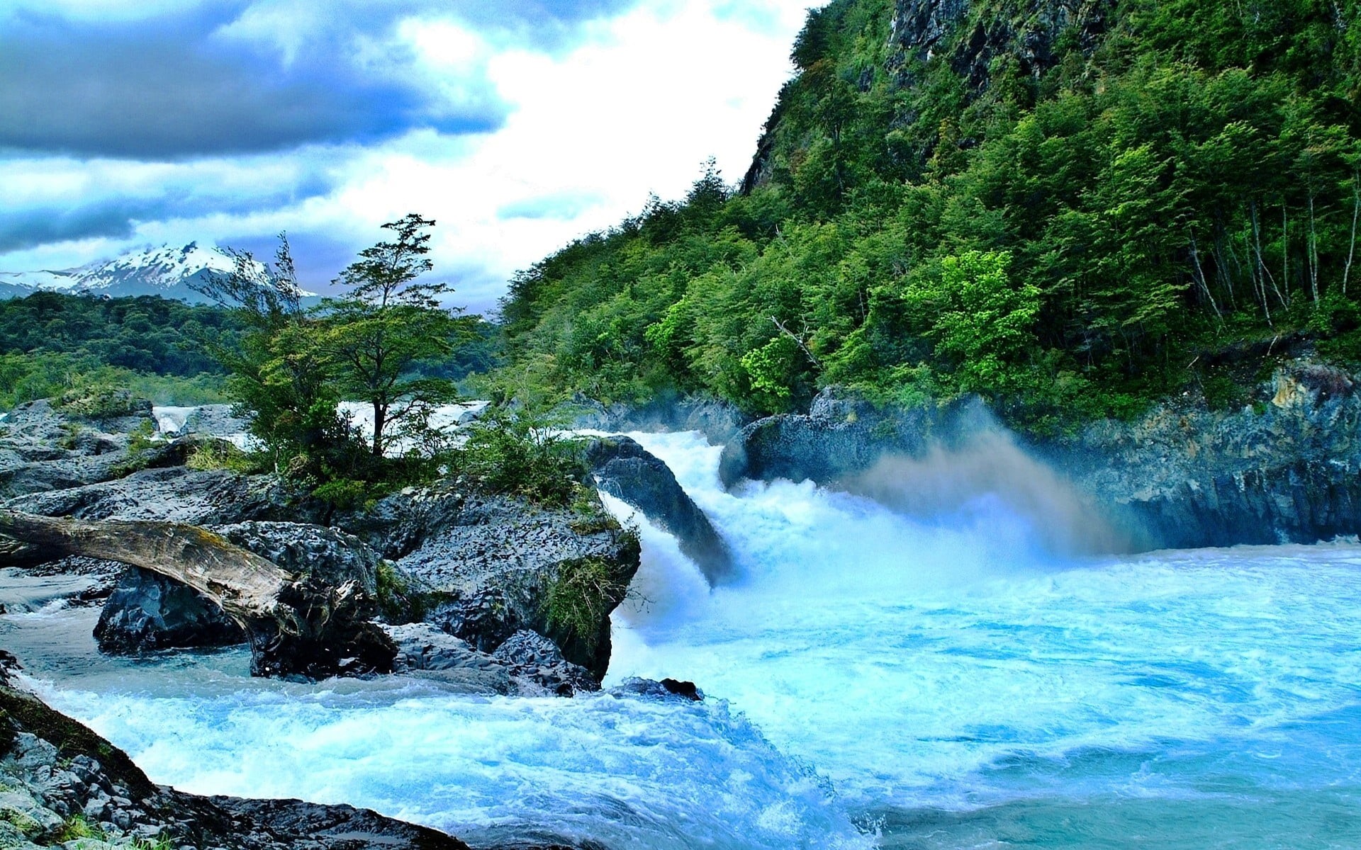 land, river, landscape, plant, motion, mountains, shrubs, clouds, forest, tree, flowing water, 1080P, nature, rock, power in nature, snowy peak, day, waterfall, HD Wallpaper