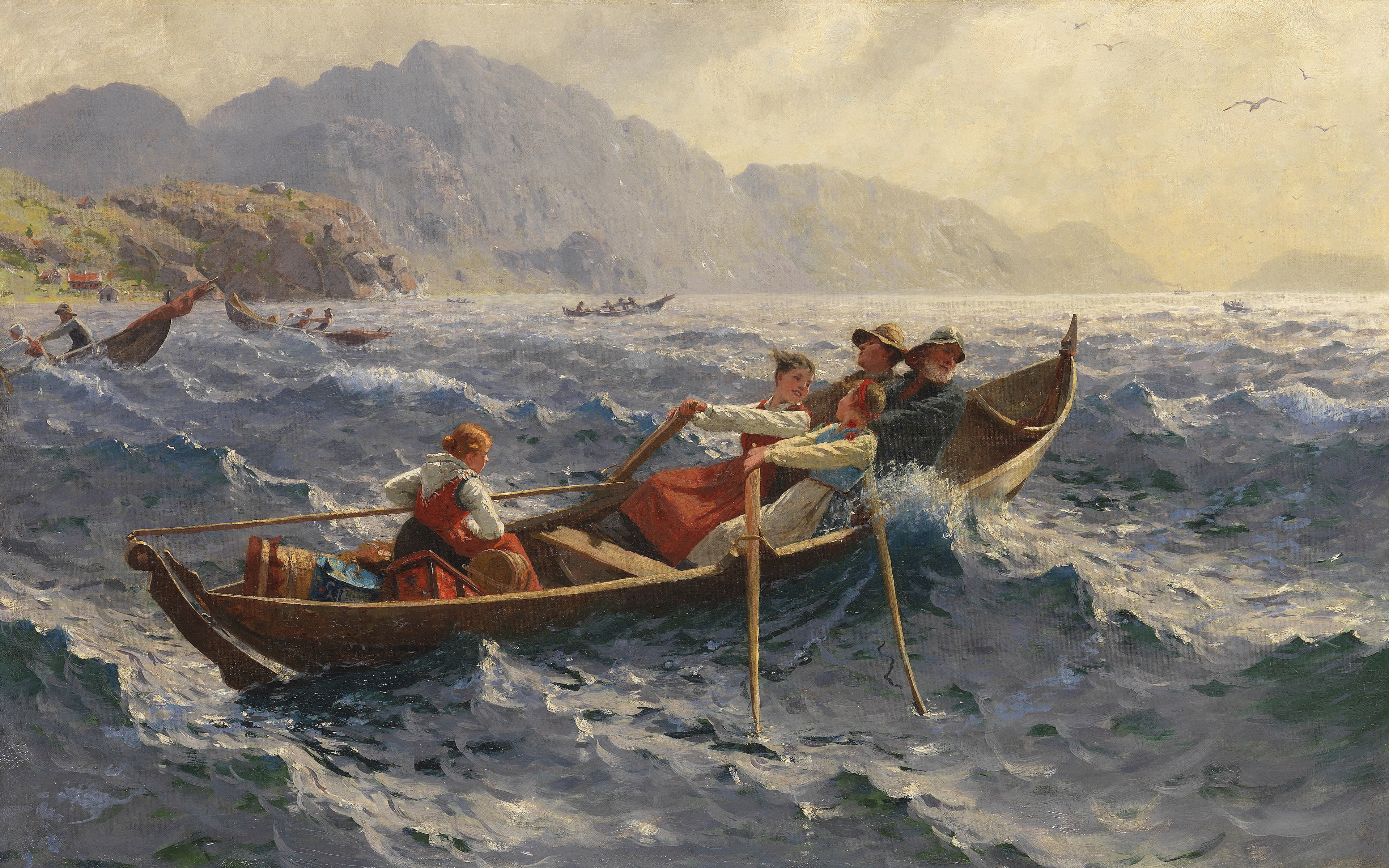 Norwegian painter, 1900, Hans Dahl, Stormy Crossing of the Fjord, 4K, The rapid transition through the fjord, HD Wallpaper
