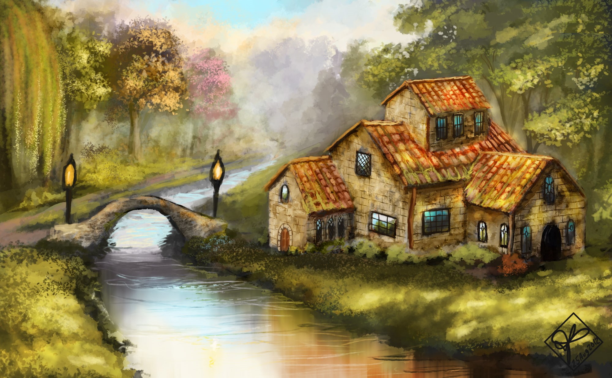 building, tranquil scene, trees, forest, change, house, no people, pollution, brown, building exterior, lights, nature, outdoors, painting, tree, plant, HD Wallpaper