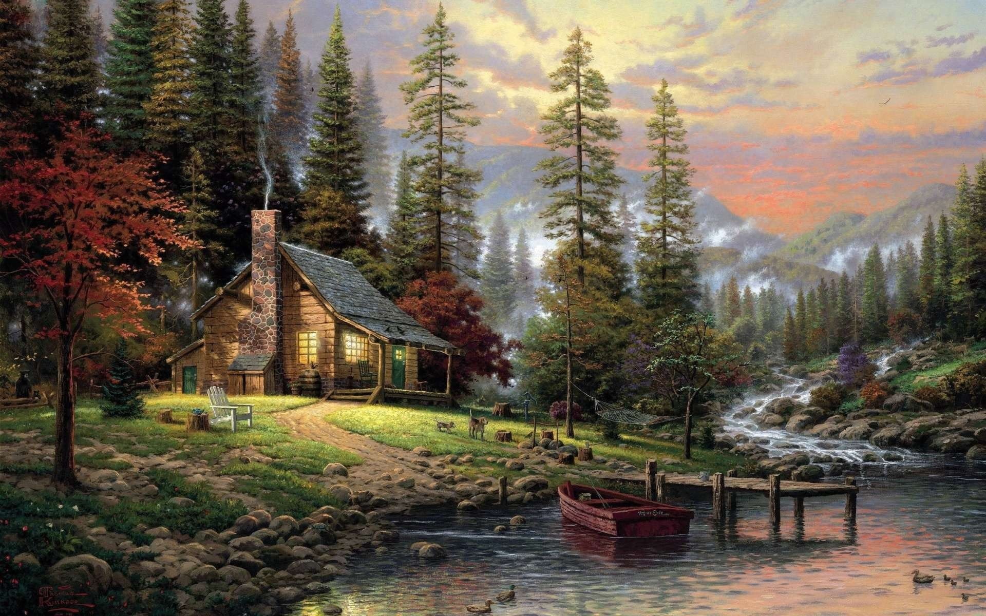 boat, mist, painting, nature, forest, Thomas Kinkade, clouds, river, house, stones, artwork, 1080P, trees, sunset, landscape, cabin, dog, pier, mountains, HD Wallpaper