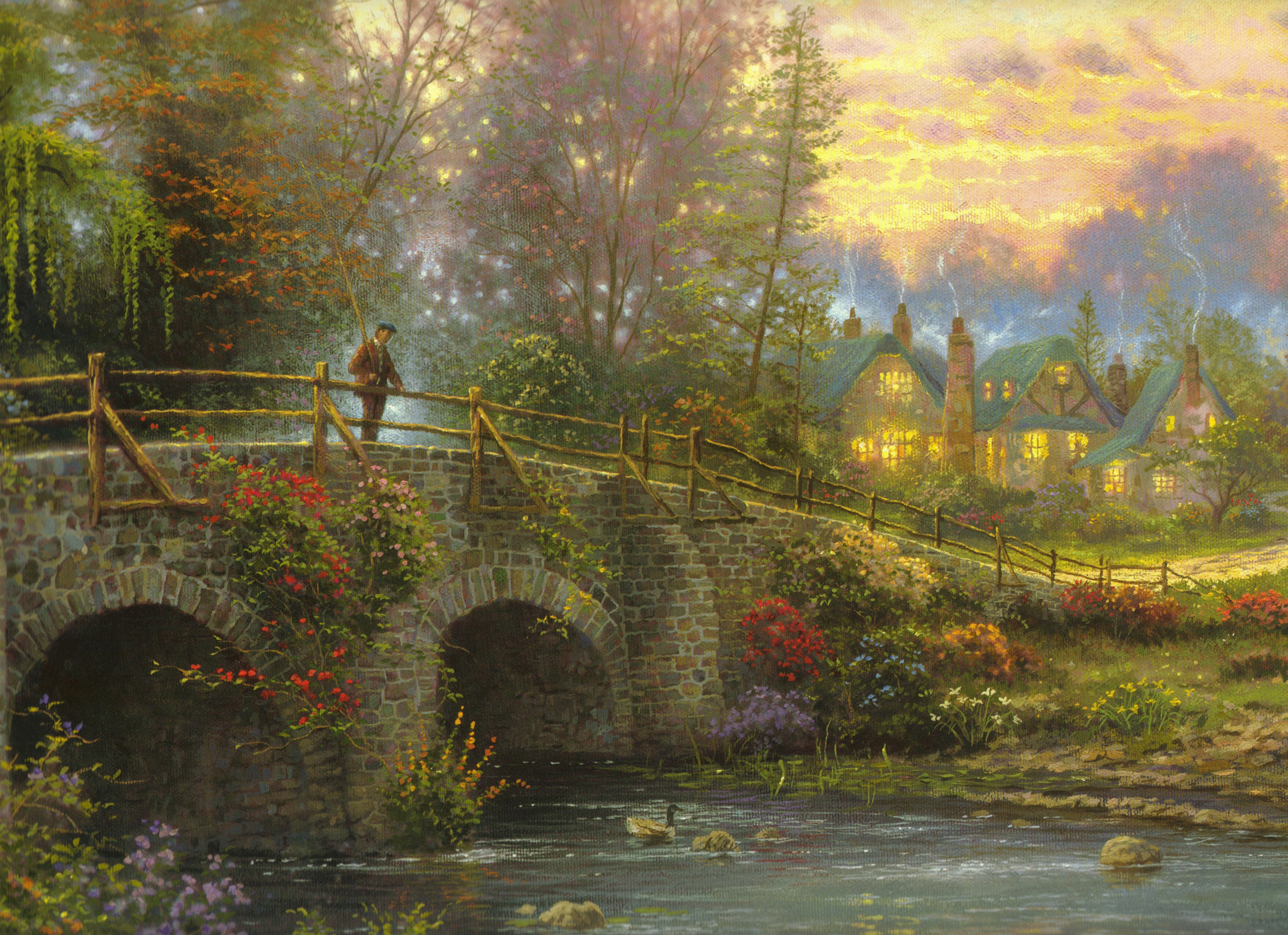 art, season, architecture, river, the evening, one person, bridge, standing, fog, built structure, leaf, leisure activity, footpath, autumn, real people, HD Wallpaper