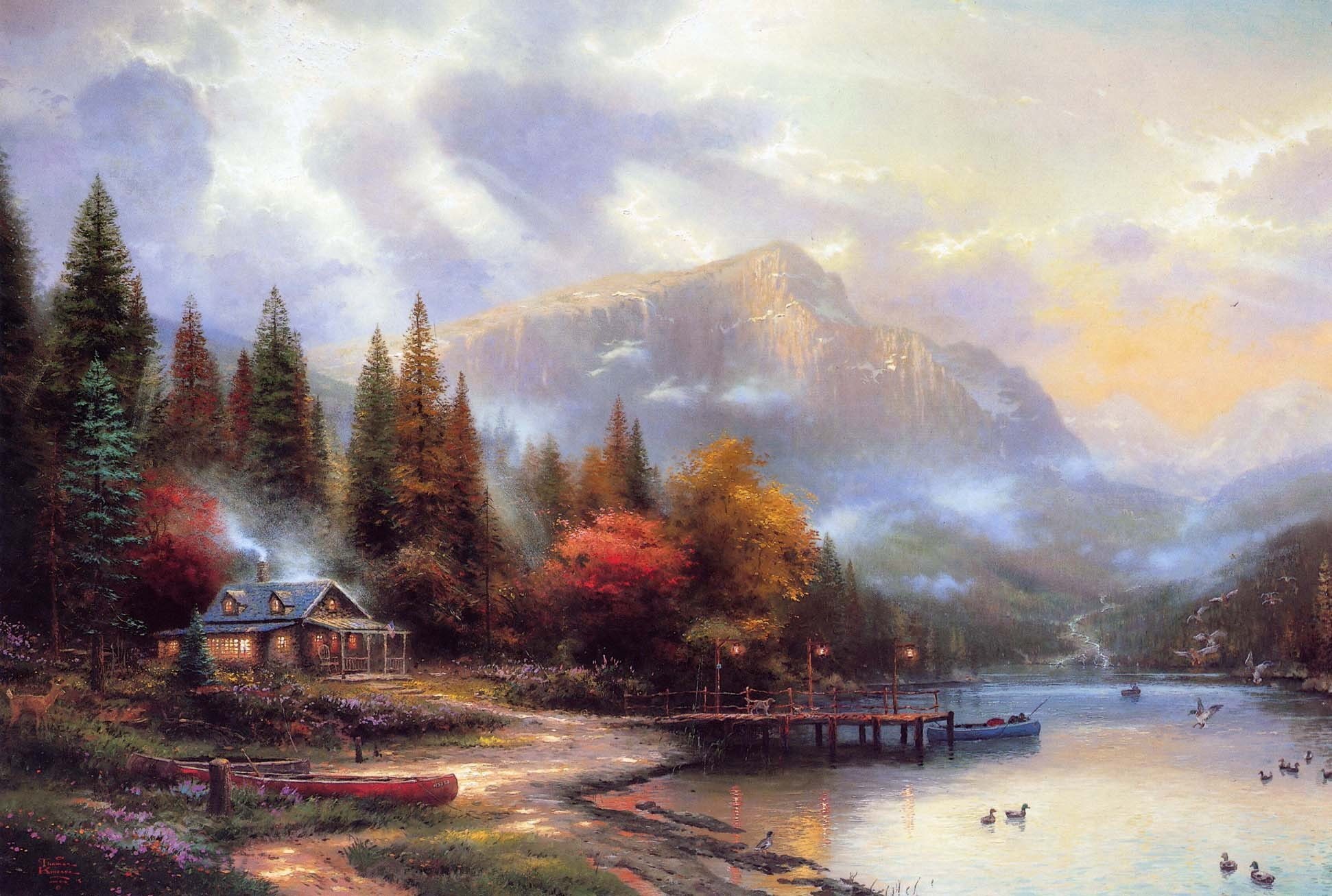 river, house, autumn, painting, thomas, mountain, 1080P, kinkade, HD Wallpaper