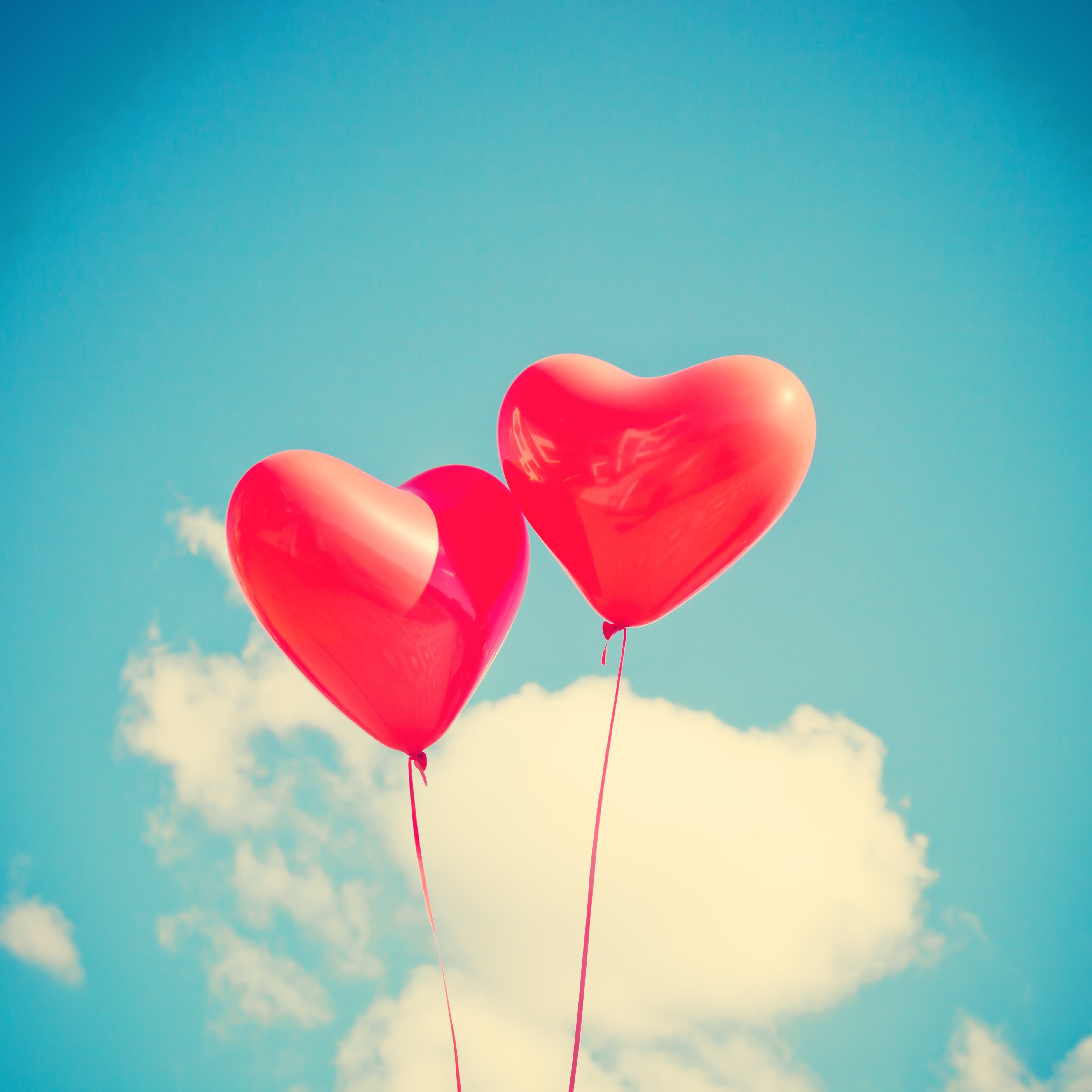 string, outdoors, low angle view, no people, day, valentines day - holiday, blue, love, heart shape, helium, heart, blue background, cloud - sky, balloons, Phone HD Wallpaper