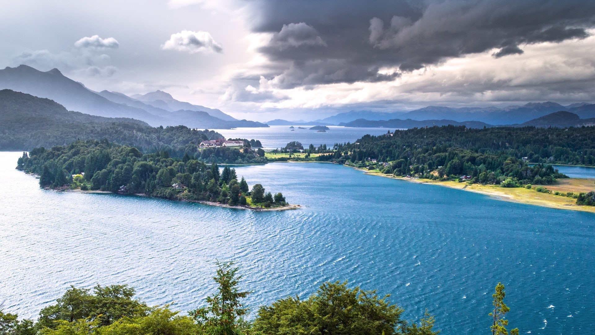 mountains, landscape, 1080P, clouds, trees, bariloche, lake, nature, water, forest, Argentina, island, hills, house, HD Wallpaper