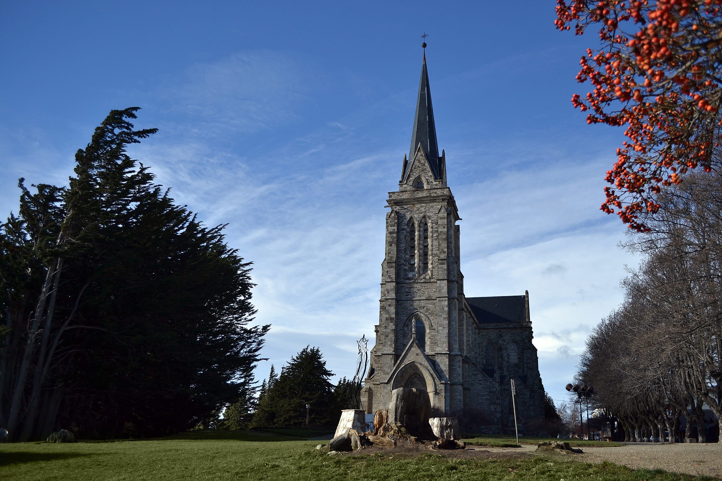 city, church, san carlos de bariloche, spirituality, spire, trees, sky, building, place of worship, cloud, park, tree, berry, religion, architecture, cloud - sky, HD Wallpaper