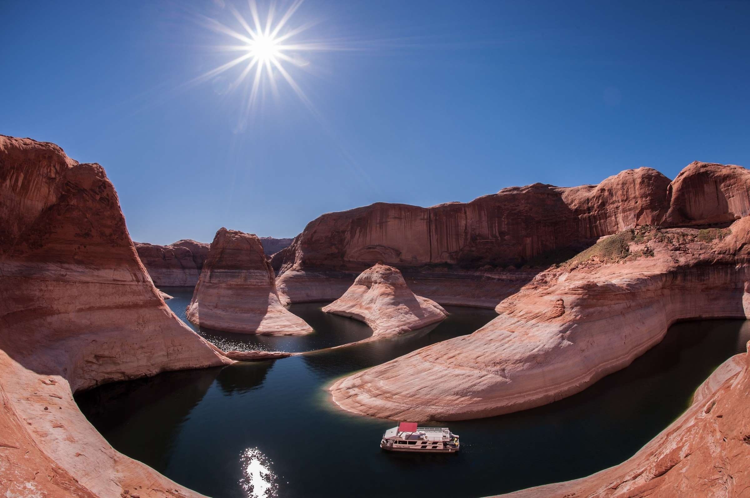 sunshine, sky, scenics - nature, lens flare, sun, boat, rock - object, travel destinations, travel, tourism, geology, water, 1080P, usa, rocks, national recreation area, HD Wallpaper