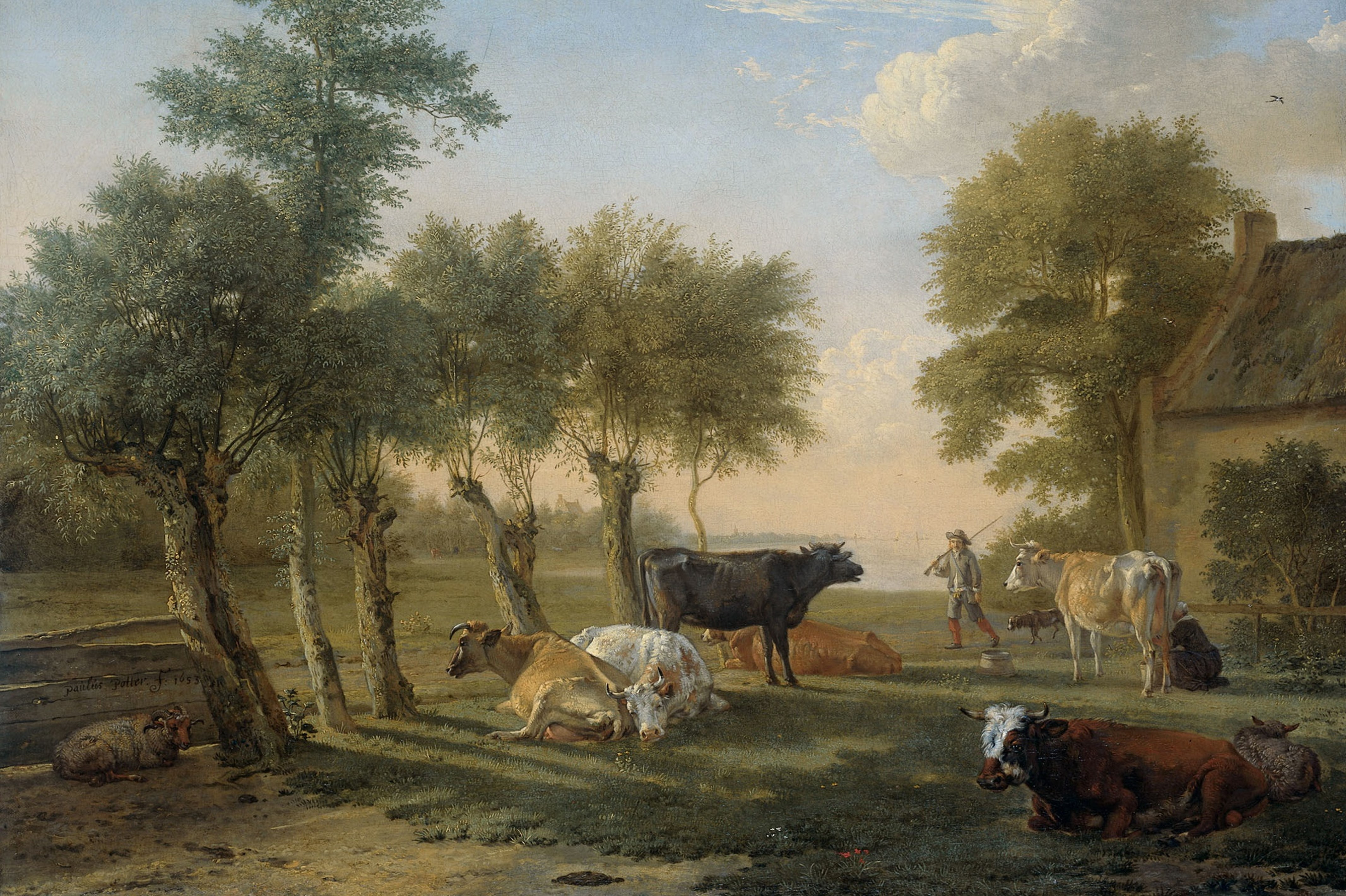 4K, classical art, farm, painting, animals, trees, artwork, cow, HD Wallpaper