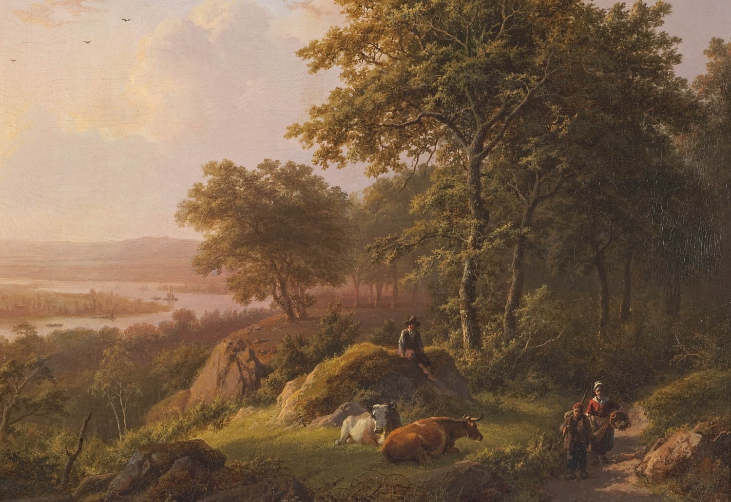 classic art, trees, painting, 720P, river, oil painting, rock, peasants, animals, cow, landscape, HD Wallpaper