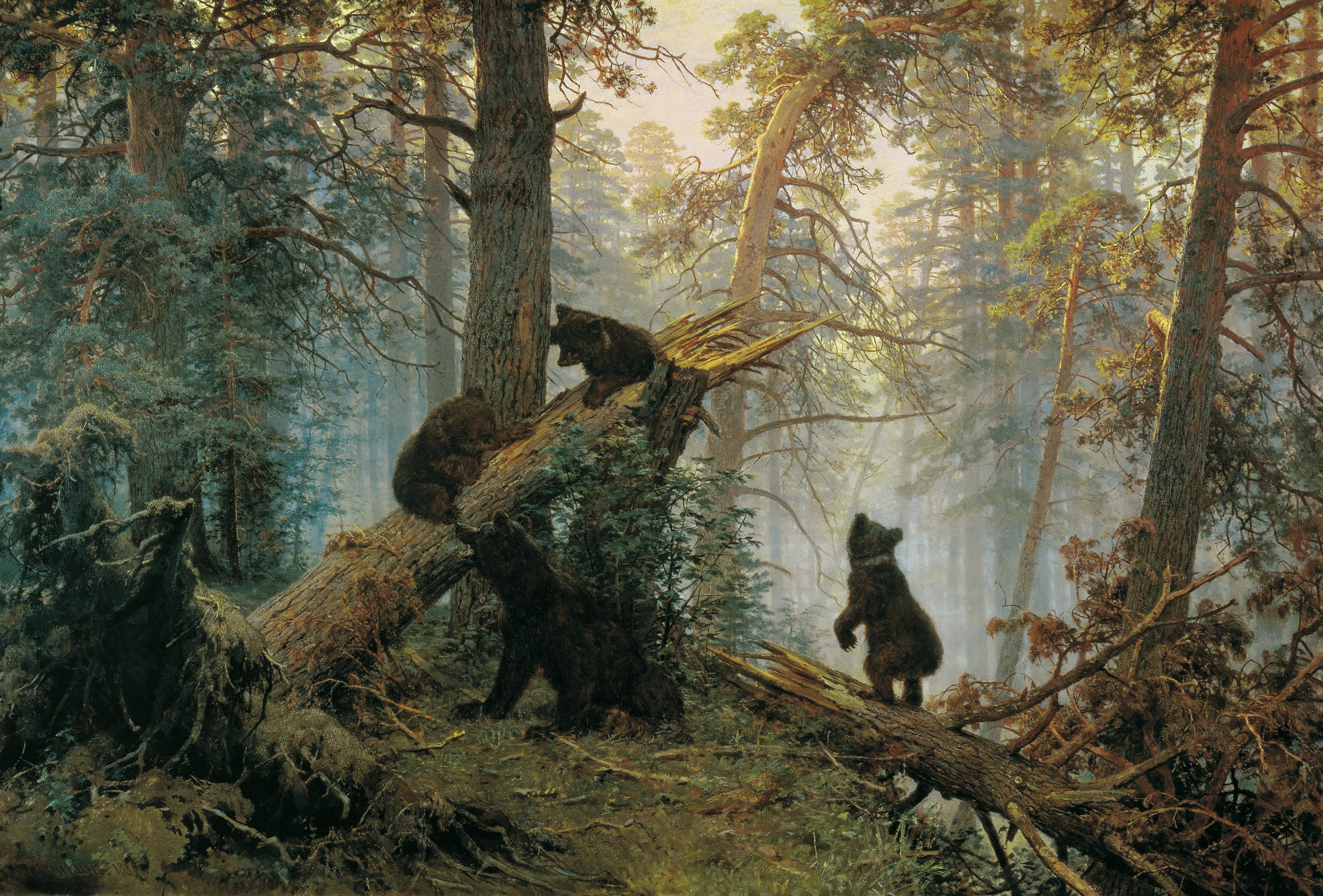 5K, Morning in a Pine Forest, Europe, Konstantin Savitski, 1889 (year), classical art, Aamu mäntymetsässä, nature, painting, forest, 1889, animals, Ivan Šiškin, HD Wallpaper