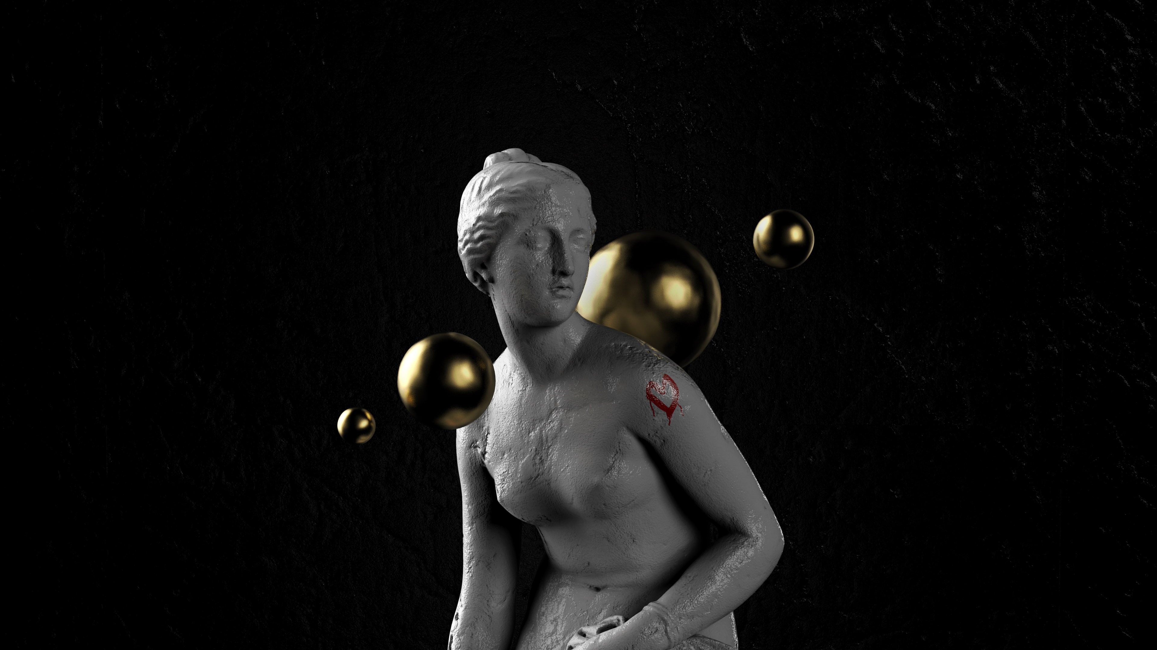 classical art, 3D, 4K, women, gold, marble, texture, render, simple background, statue, Aphrodite, heart, HD Wallpaper