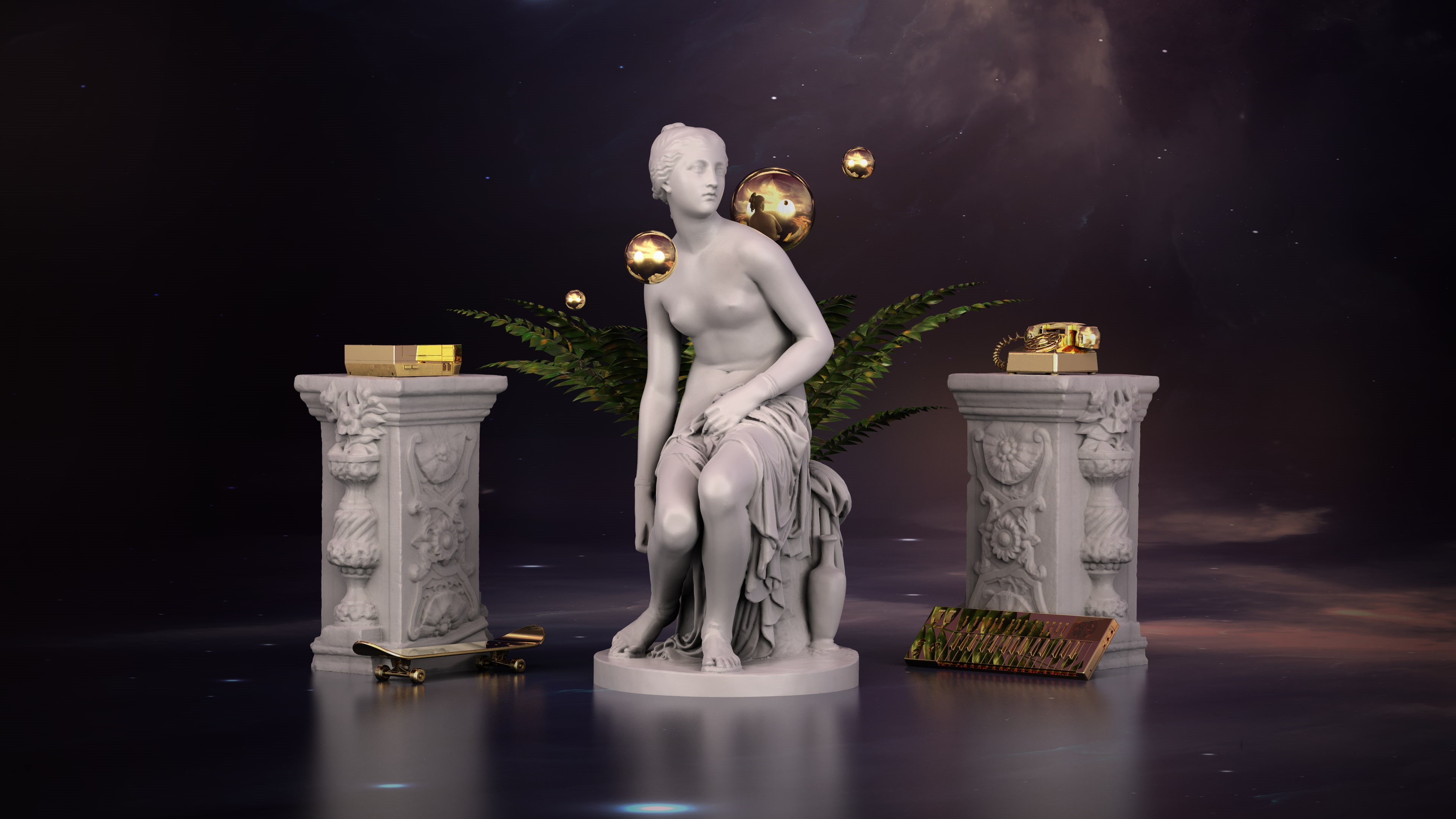 craft, creativity, marble, statue, ferns, representation, Synth, 4K, male likeness, Nintendo Entertainment System, reflection, no people, gold, studio shot, HD Wallpaper
