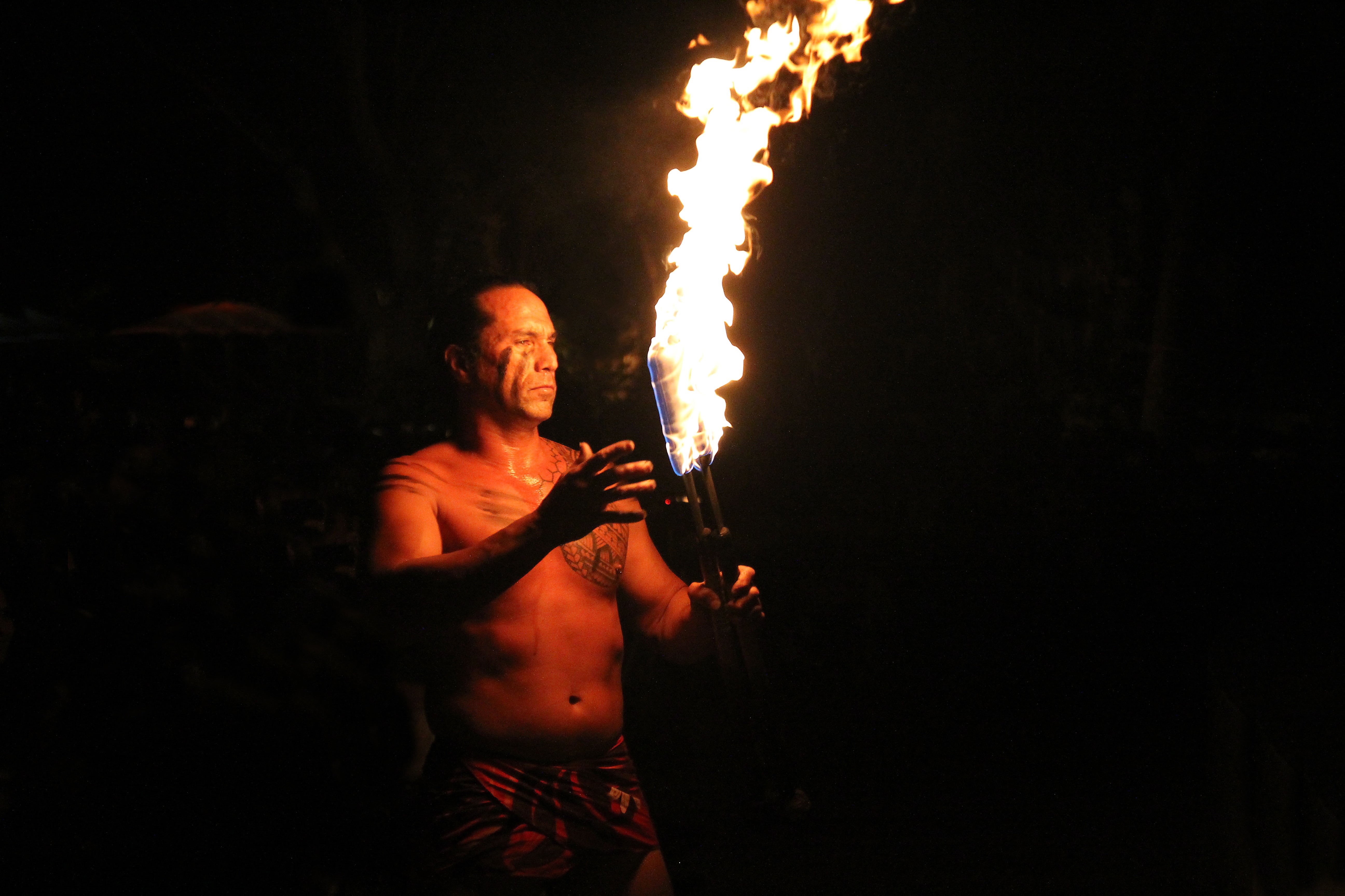 heat - temperature, tribal, hawaii, celebrate, 5K, dark, celebration, black background, one person, tradition, burning, men, shirtless, tropical, communication, HD Wallpaper