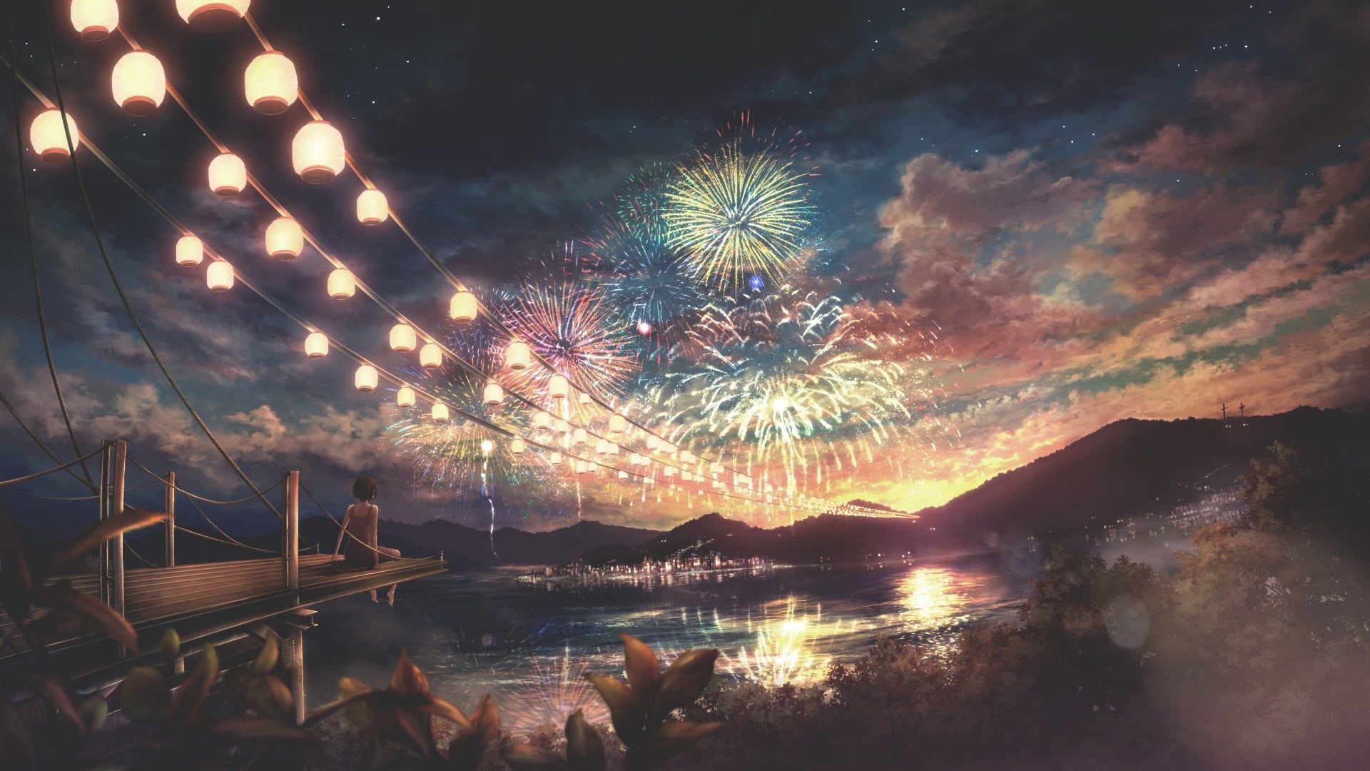 beauty in nature, painting, water, light, 1080P, outdoors, nature, architecture, firework display, display, celebration, event, no people, firework, night, HD Wallpaper