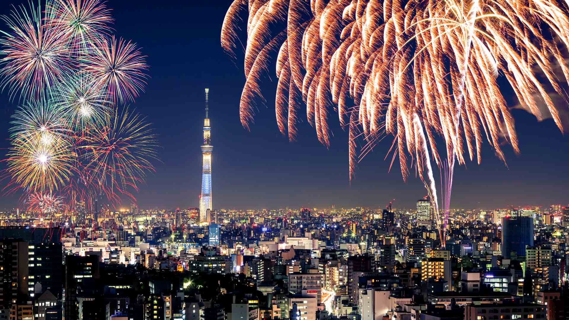Japan, night, fireworks festival, 1080P, Tokyo, lights, the Sumida river, salute, HD Wallpaper