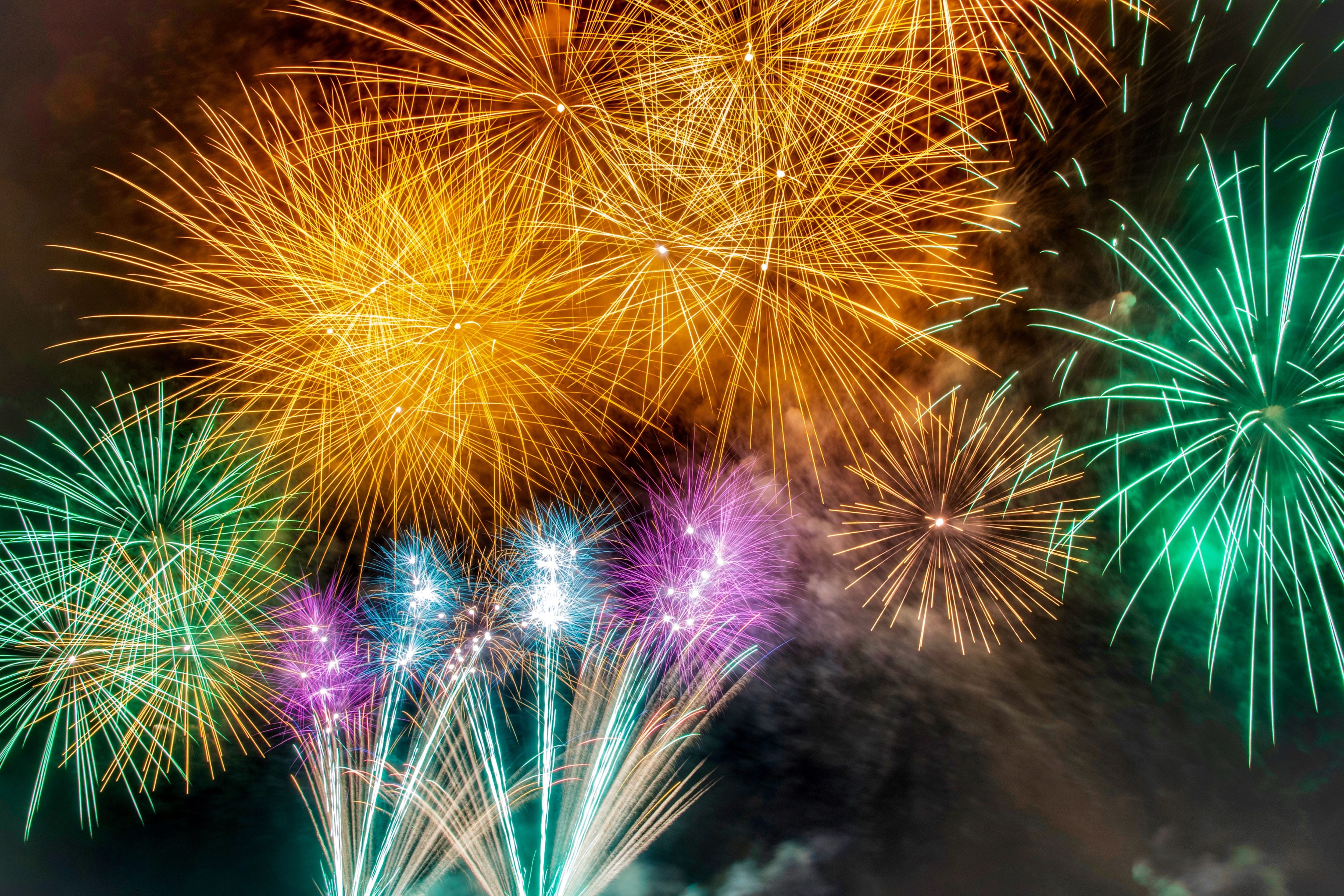 no people, vibrant Color, various, light, illuminated, arts culture and entertainment, firework, backgrounds, fireworks, beauty in nature, yellow, motion, HD Wallpaper