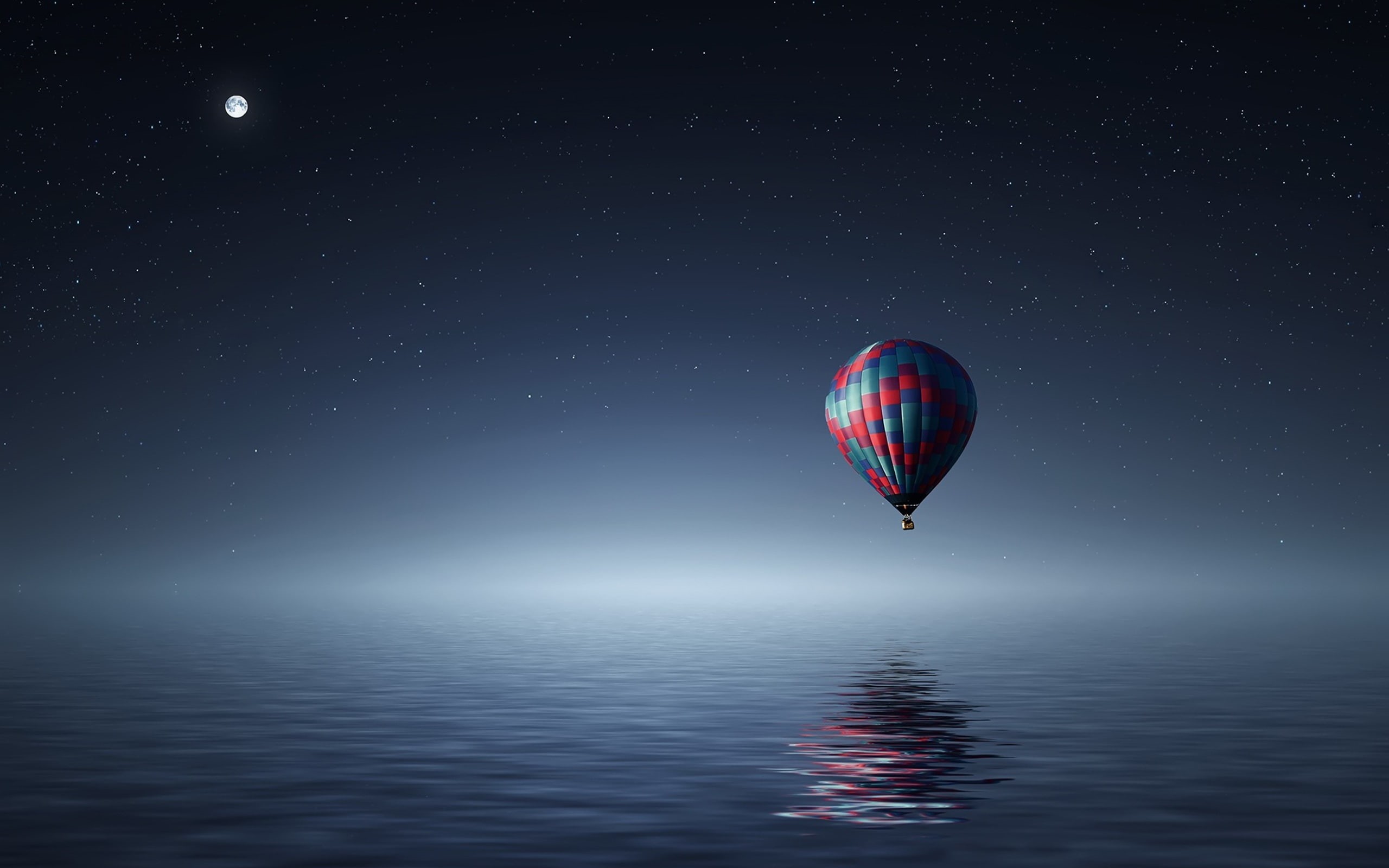water, ocean, night, moon, stars, sky, light, sea, hot, flight, 2K, balloon, air, travelling, reflection, moving, HD Wallpaper