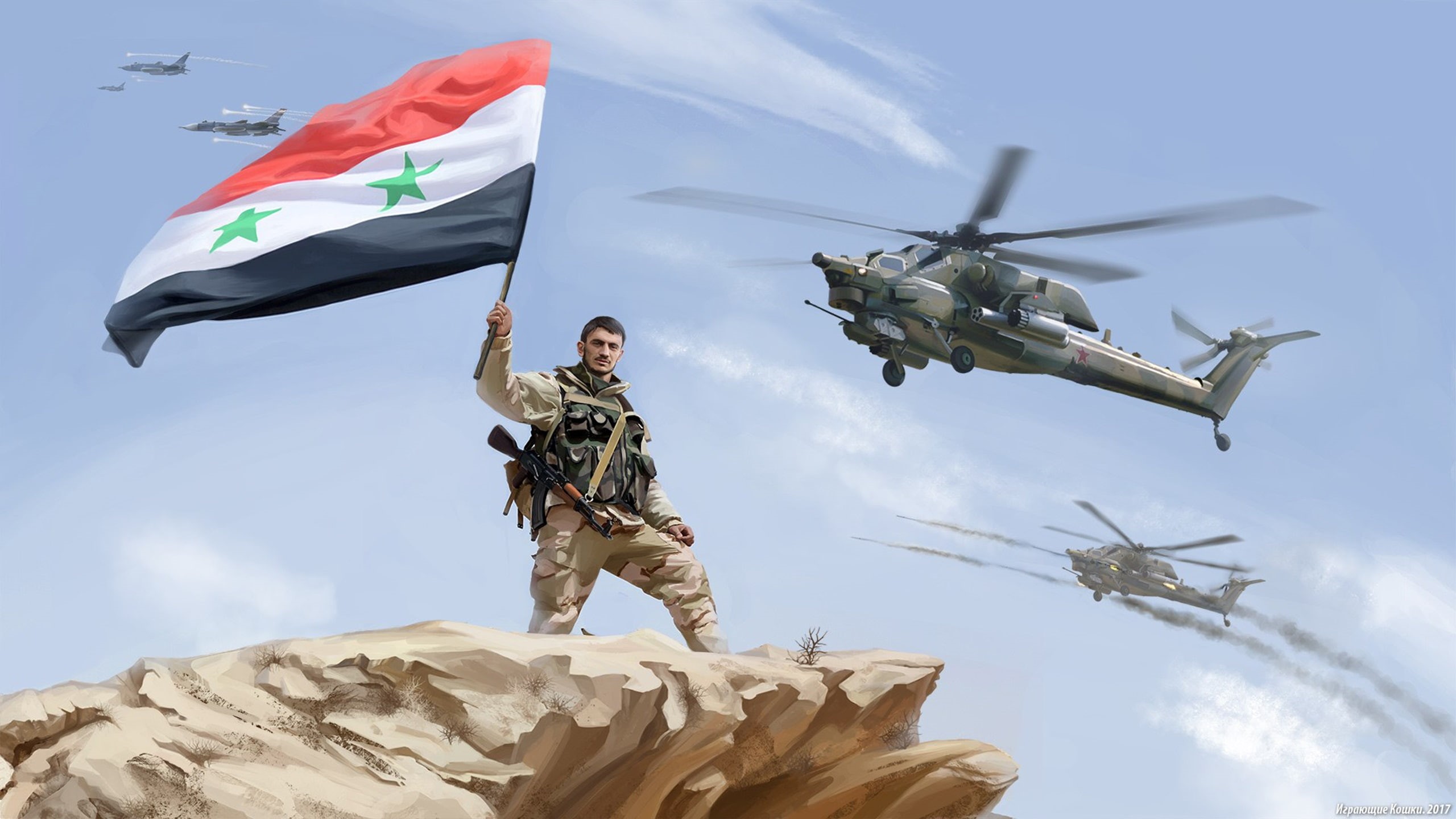 flag, digital art, 2K, soldier, helicopter, army, AK-47, Syria, HD Wallpaper
