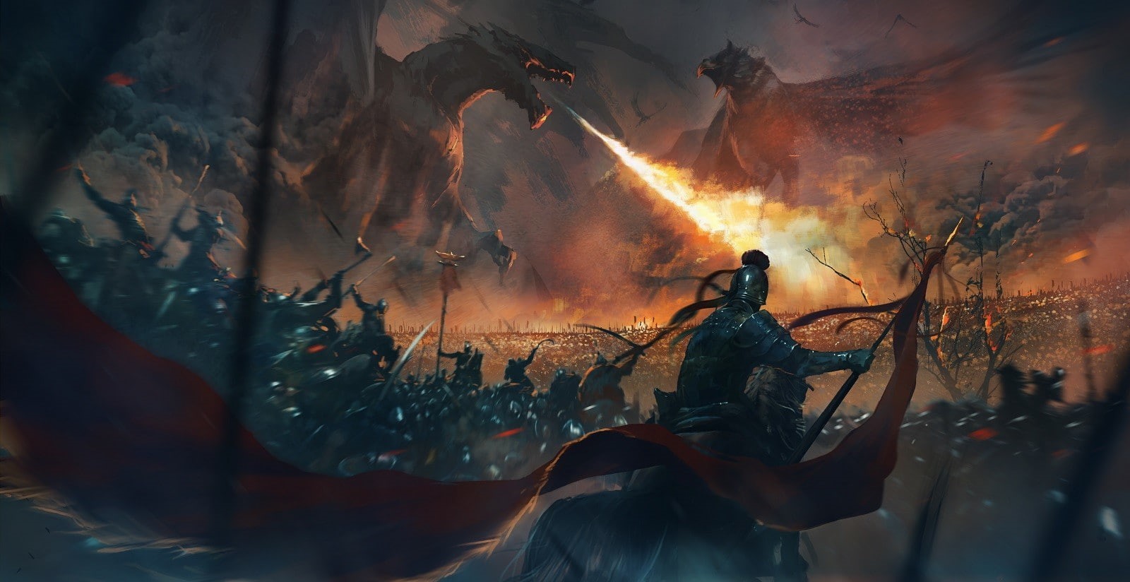 warrior, flag, dragon, 720P, army, digital art, fantasy art, fire, HD Wallpaper