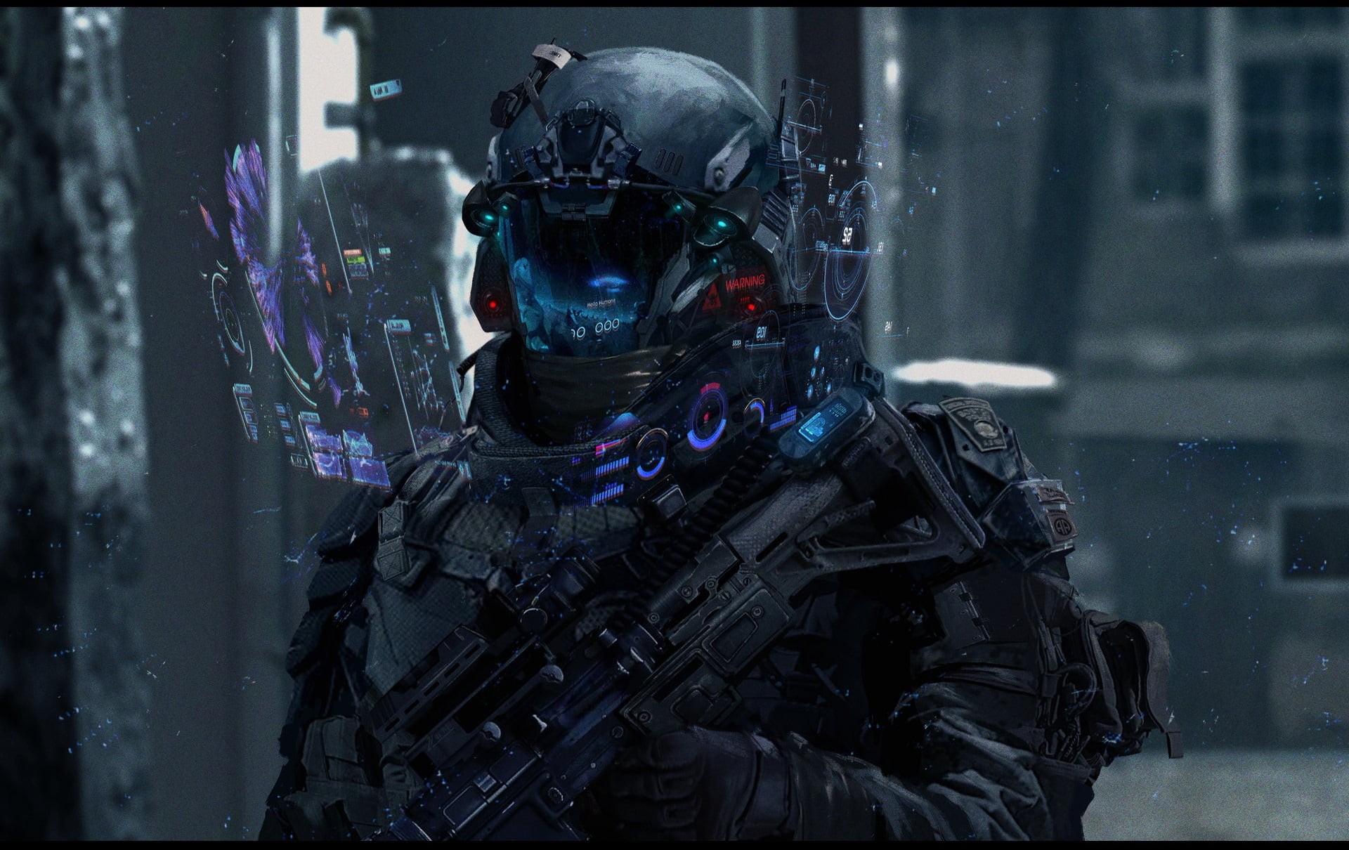 weapon, 1080P, digital art, soldier, Min Gyu Lee, rifles, futuristic, science fiction, HD Wallpaper