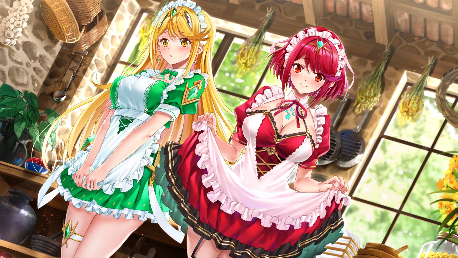 short hair, kitchen, anime, red eyes, long hair, 1080P, digital art, yellow eyes, maid, blonde, Homura (Xenoblade 2), Smile, Hikari (Xenoblade Chronicles 2), HD Wallpaper