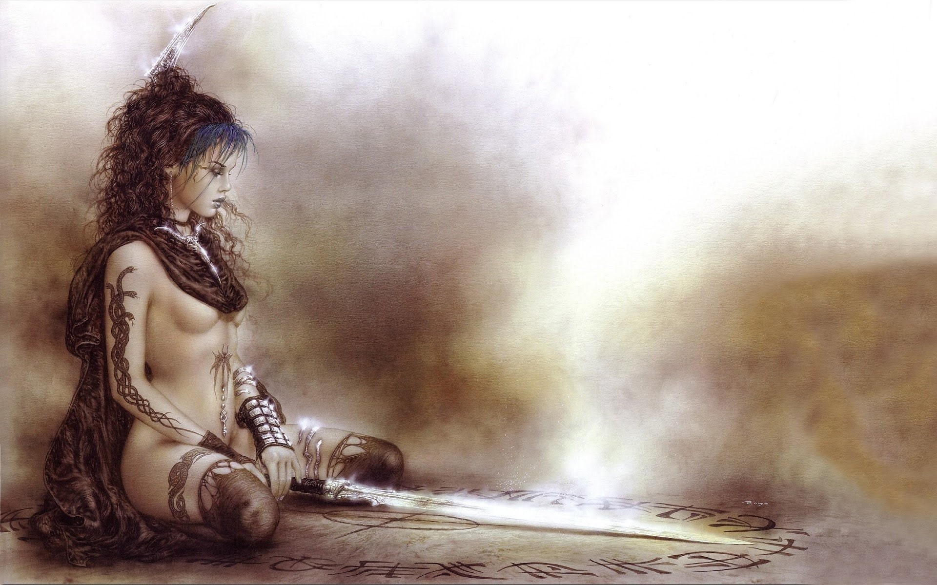 profile view, long hair, women, looking, young adult, 1080P, Underboobs, girl, warrior, smoke - physical structure, digital composite, young women, beautiful woman, HD Wallpaper