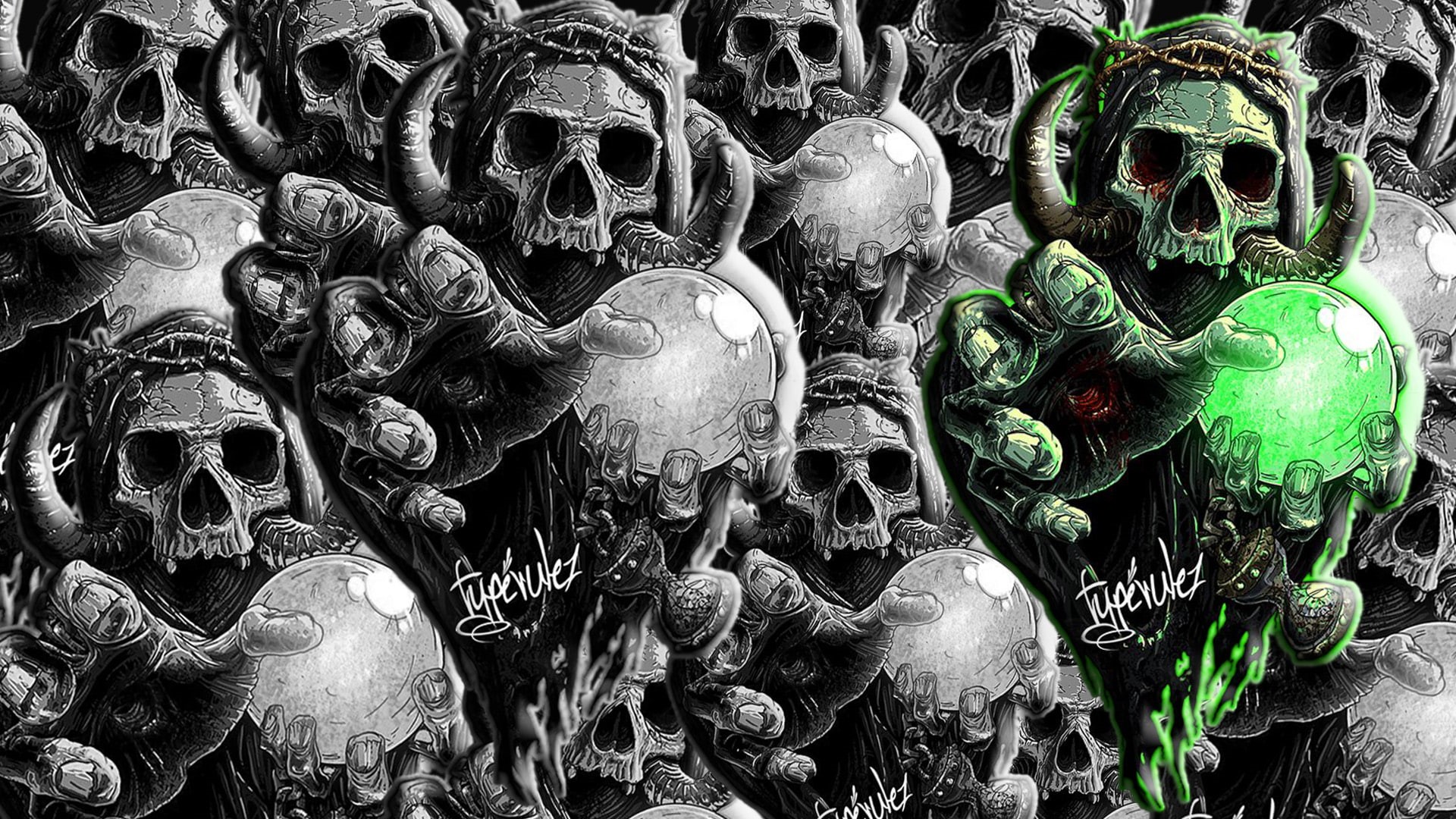 magic, monochrome, hands, horns, thorns, 1080P, ball, skull, green, HD Wallpaper