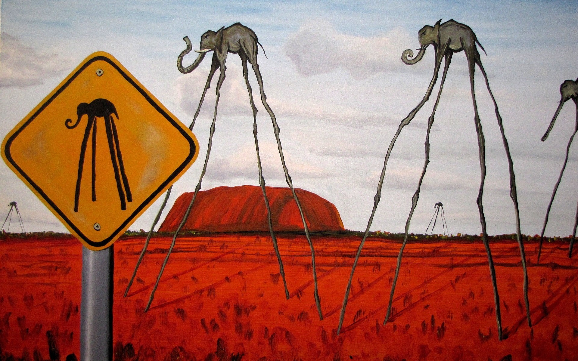 elephant, Salvador Dalí, signs, fantasy art, nature, painting, artwork, 1080P, clouds, legs, surreal, hills, HD Wallpaper