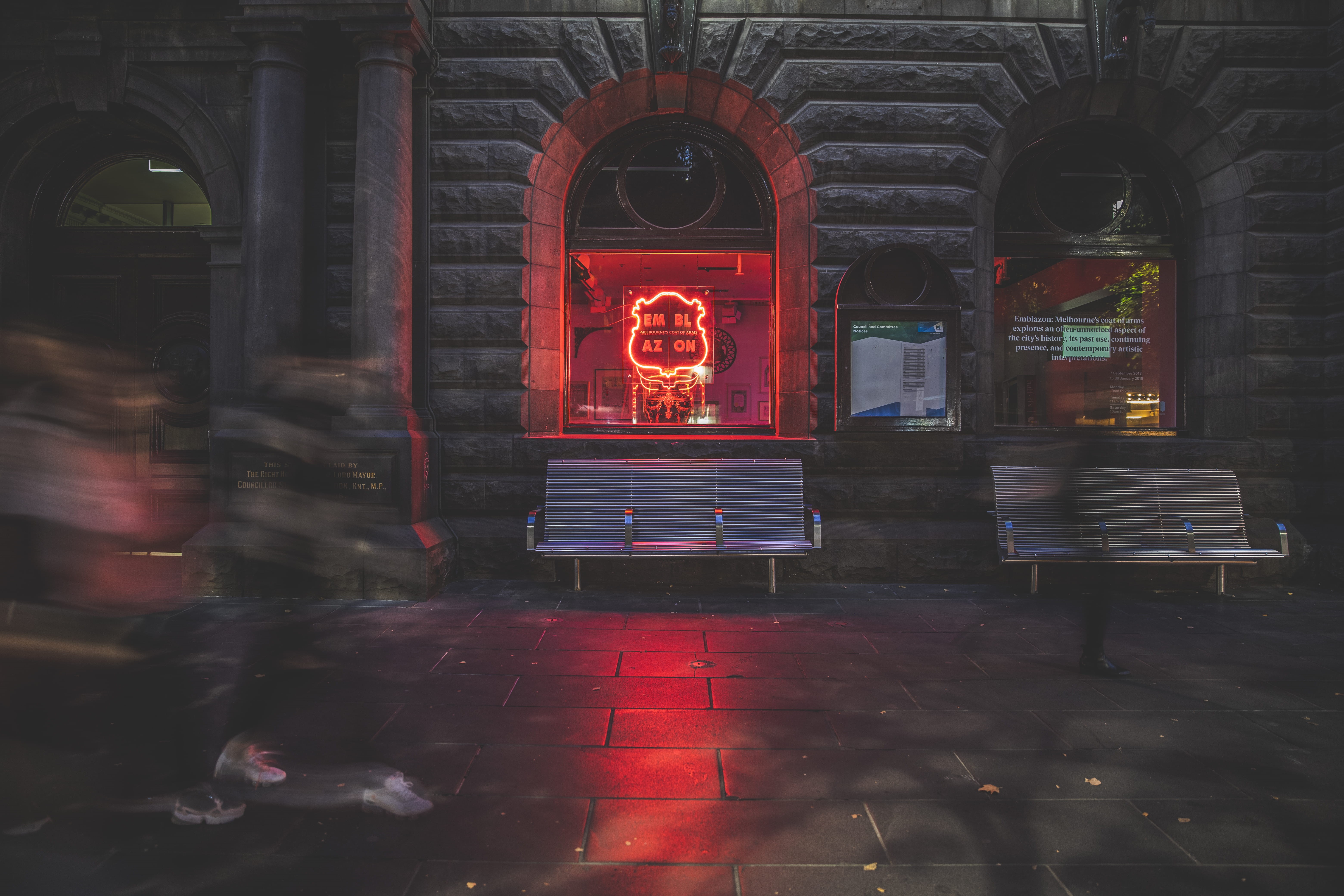 light, city, melbourne, benches, lab, walking, red, signage, motion, neon, building, australia, night life, illuminated, canon, crypt, near, window, bench, HD Wallpaper