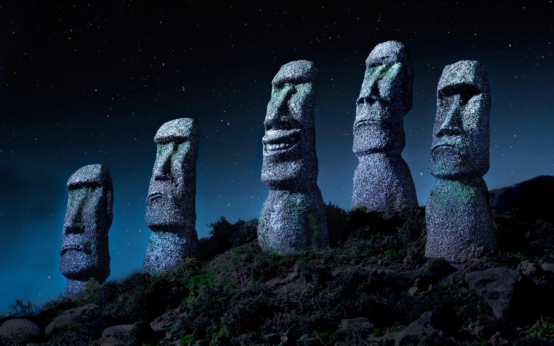 Moai, monuments, starry night, landscape, giant, 1080P, Chile, nature, Easter Island, stone, statue, HD Wallpaper