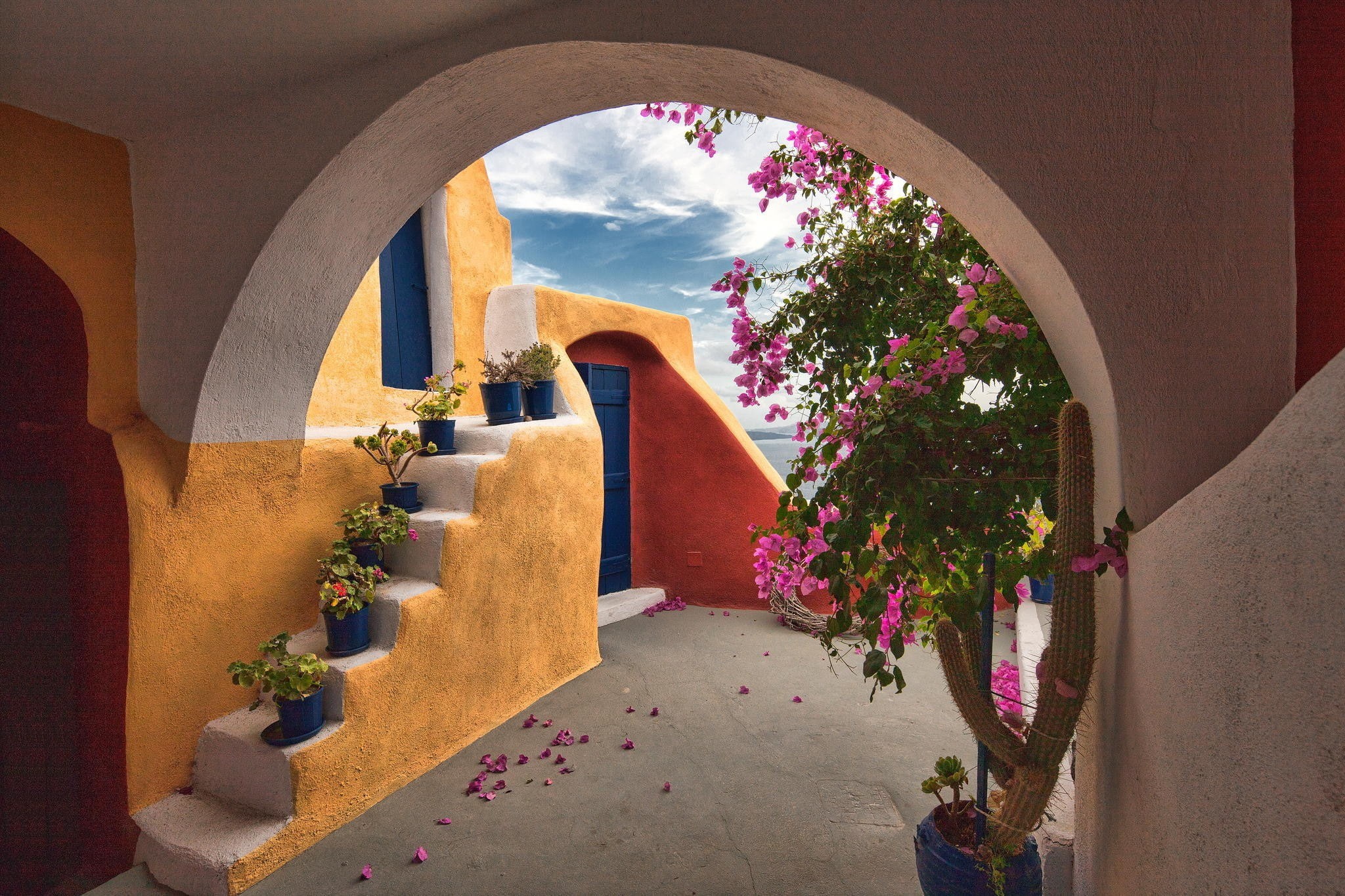 building, flowerpot, arch, clouds, architecture, Greece, cactus, 1080P, bougainvillea, flowers, stairs, HD Wallpaper