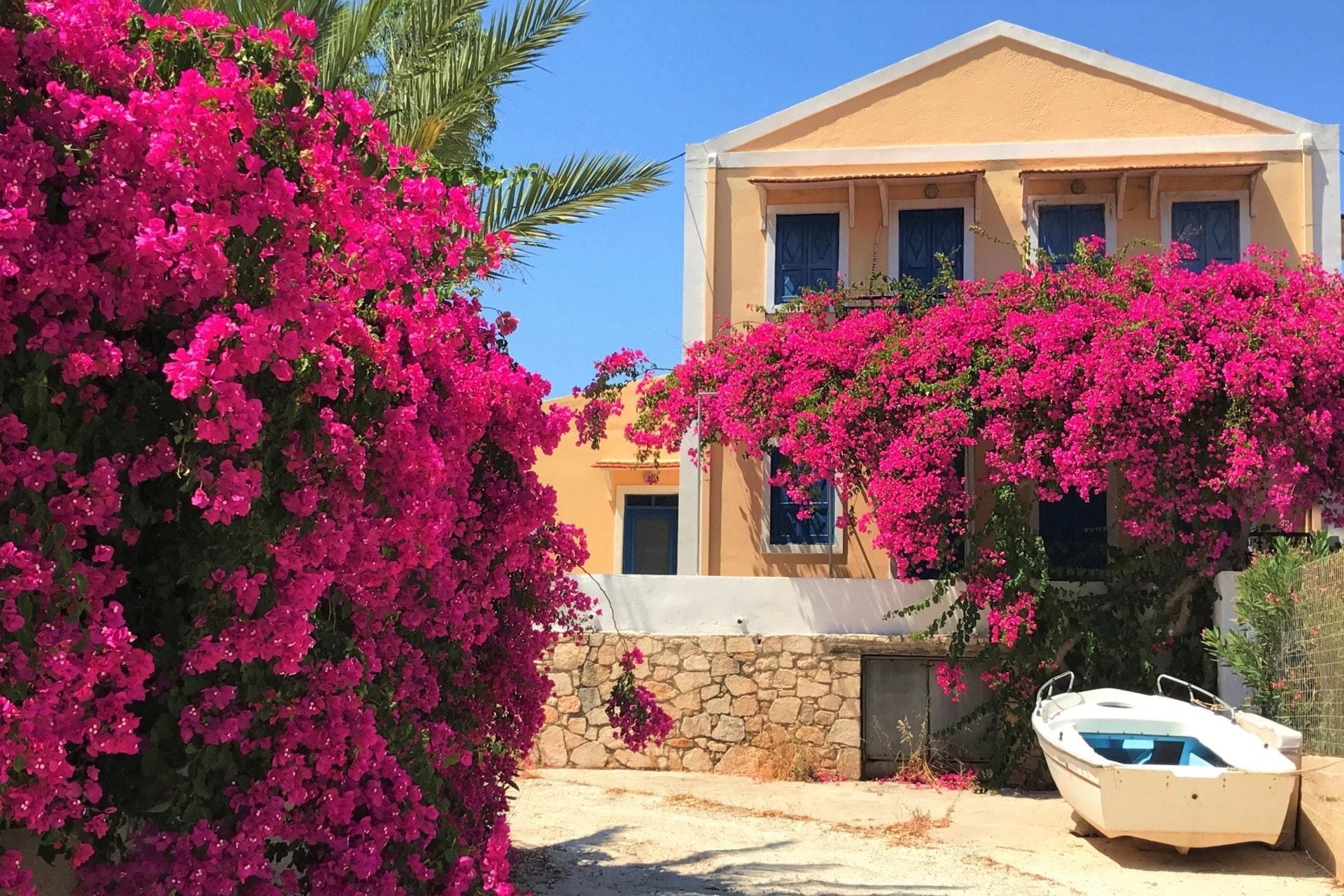 1080P, Greece, Flower, Buildings, Boat, Purple Flower, House, Bougainvillea, HD Wallpaper