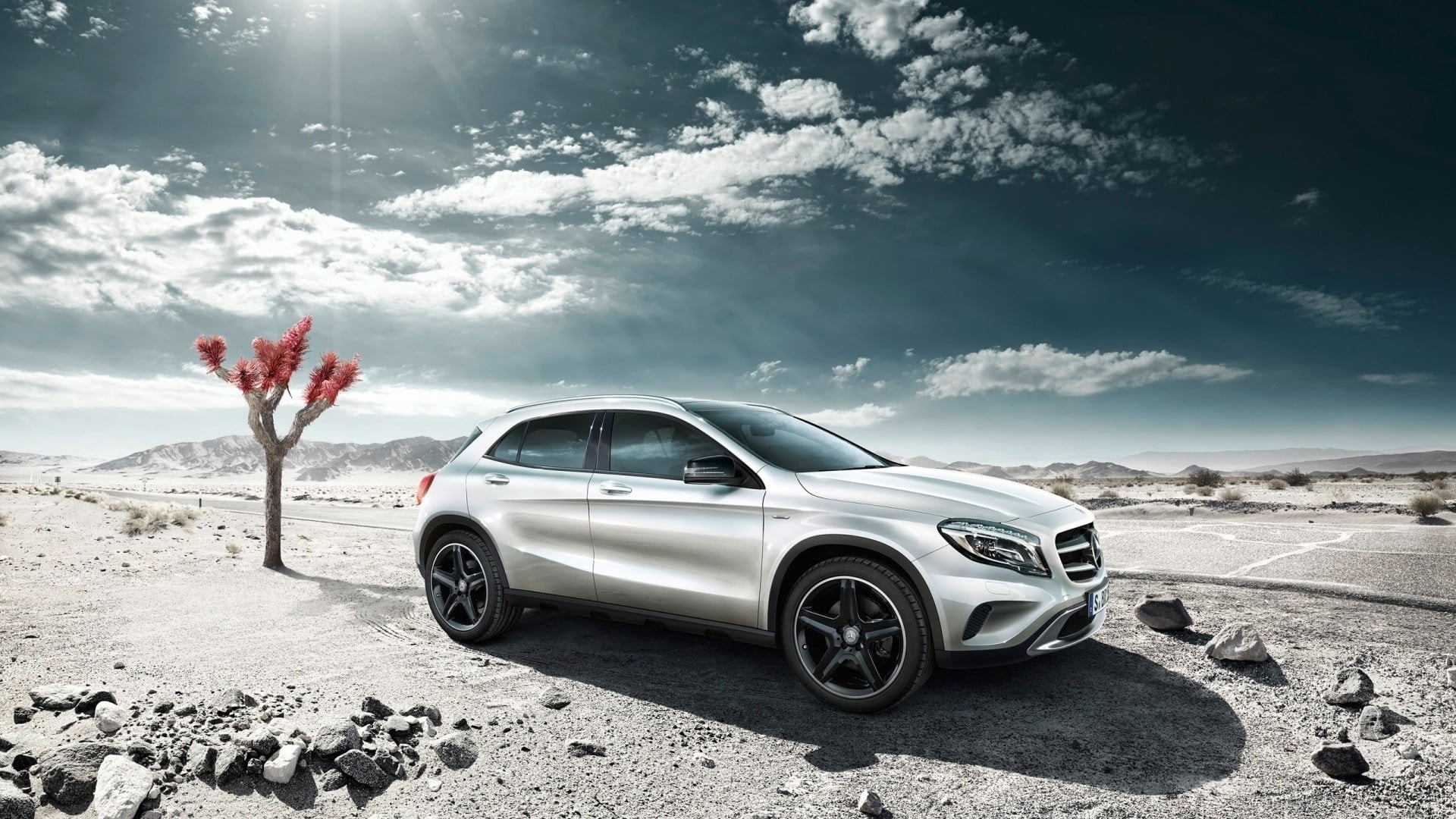 land vehicle, Mercedes-Benz, landscape, silver, land, outdoors, road trip, sunlight, 1080P, road, motor vehicle, day, nature, cactus, mercedes, no people, HD Wallpaper