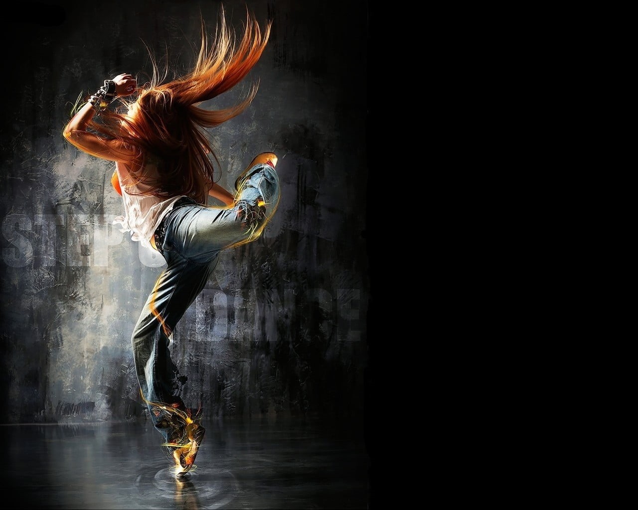 hairstyle, black background, hair, one person, dancing, denim, studio shot, black, motion, pants, full length, adult, stage, redhead, women, copy space, HD Wallpaper