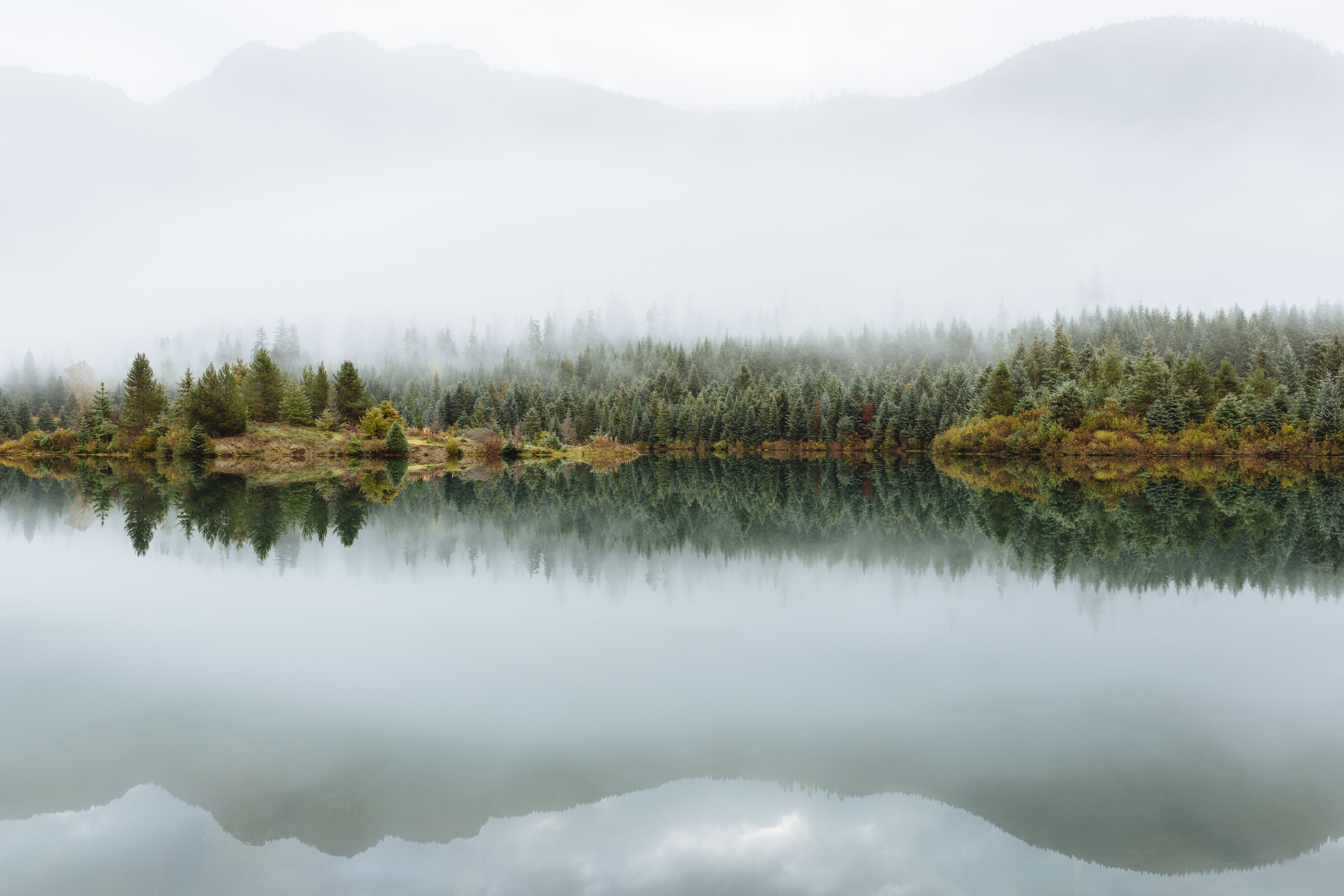 reflection, photo, USM, water, 5K, 70mm, mountain, f/2, landscape, outdoors, fog, Gold Creek, trees, forest, tree, nature, Canon EF, Canon EOS 5D Mark III, HD Wallpaper
